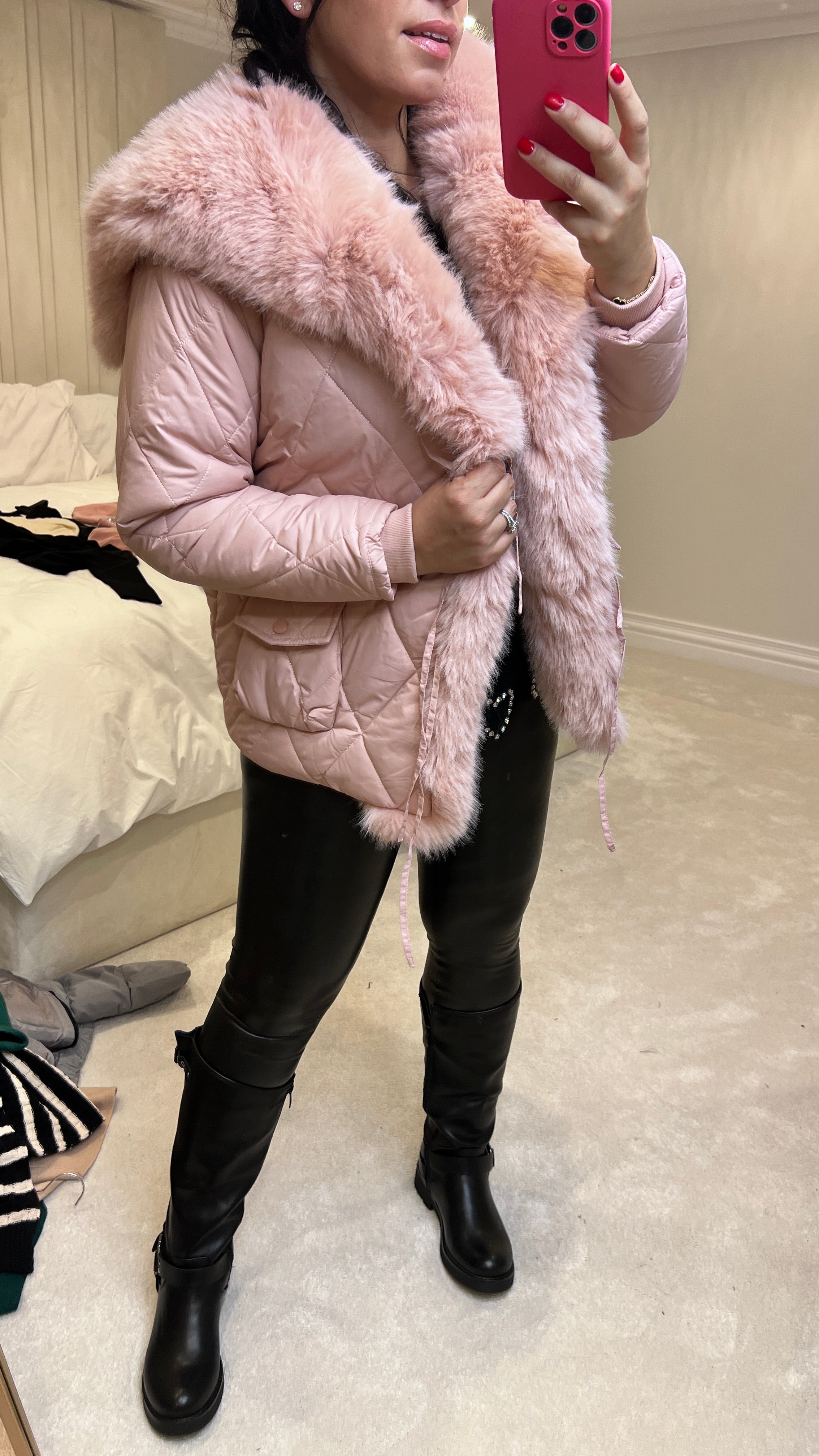 Olympia Pink Short Quilted Faux Fur Trim Coat