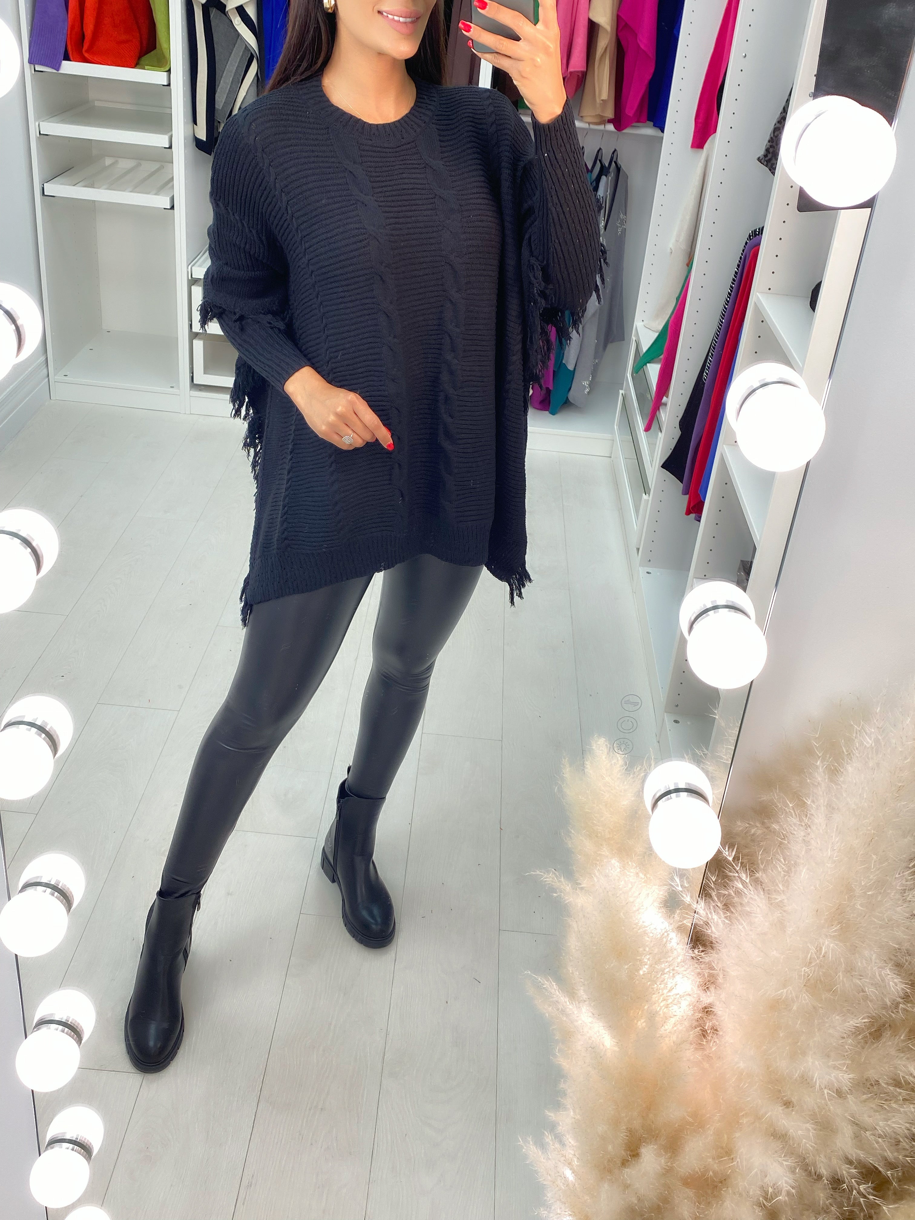 Candela Pleated Knit Tassel Poncho Jumper