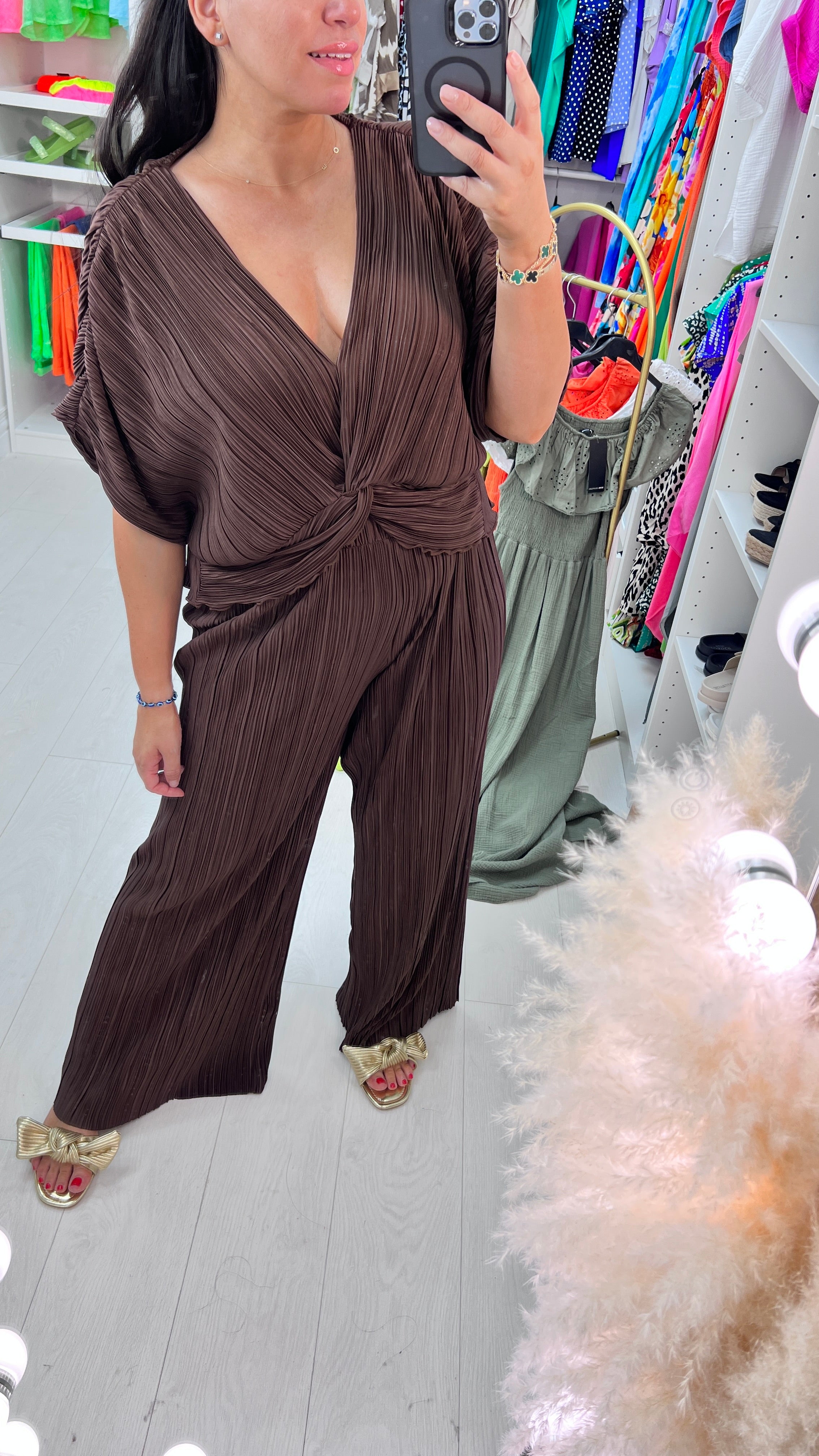 Lunah Twist Front Plisse Top & Wide Leg Trouser Set