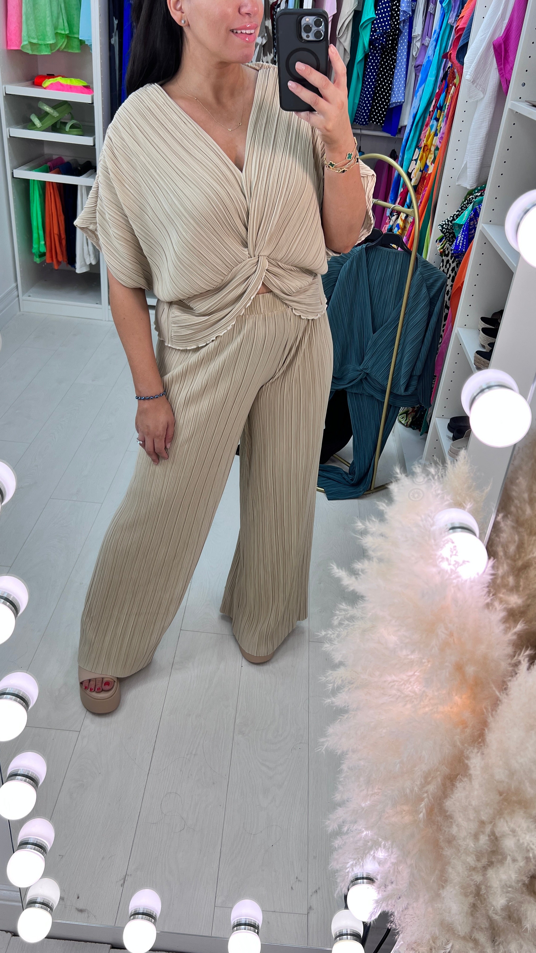 Lunah Twist Front Plisse Top & Wide Leg Trouser Set