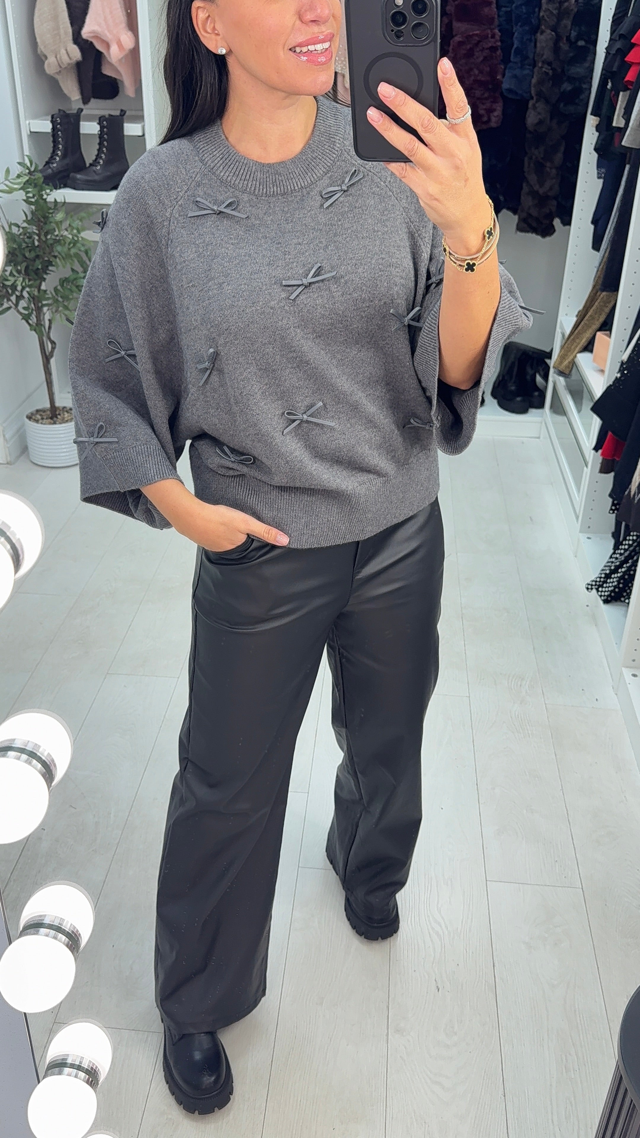 Gosia Faux Leather Bow Detailed Jumper