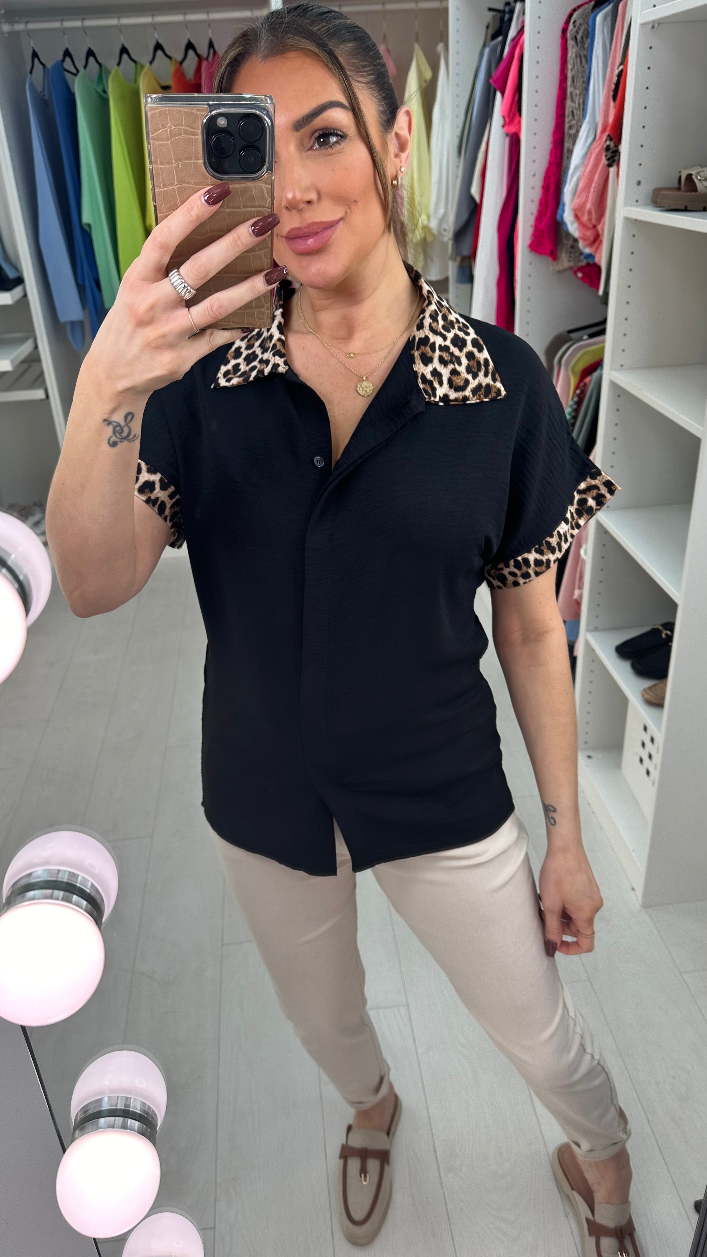 Kitty Plain Leopard Print Detail Button Front Shirt