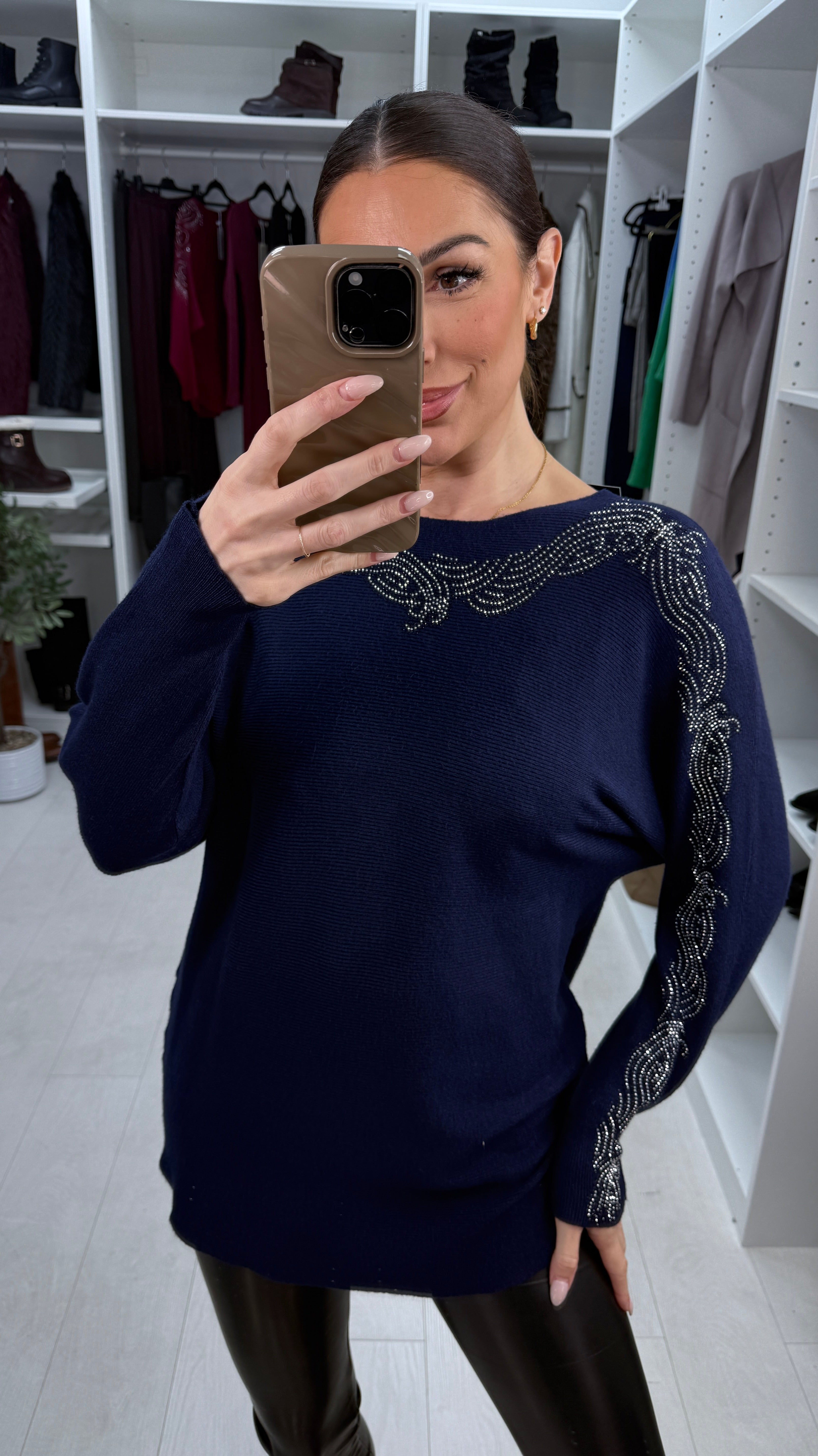 Carmena Diamante Detail Ribbed Knit Jumper