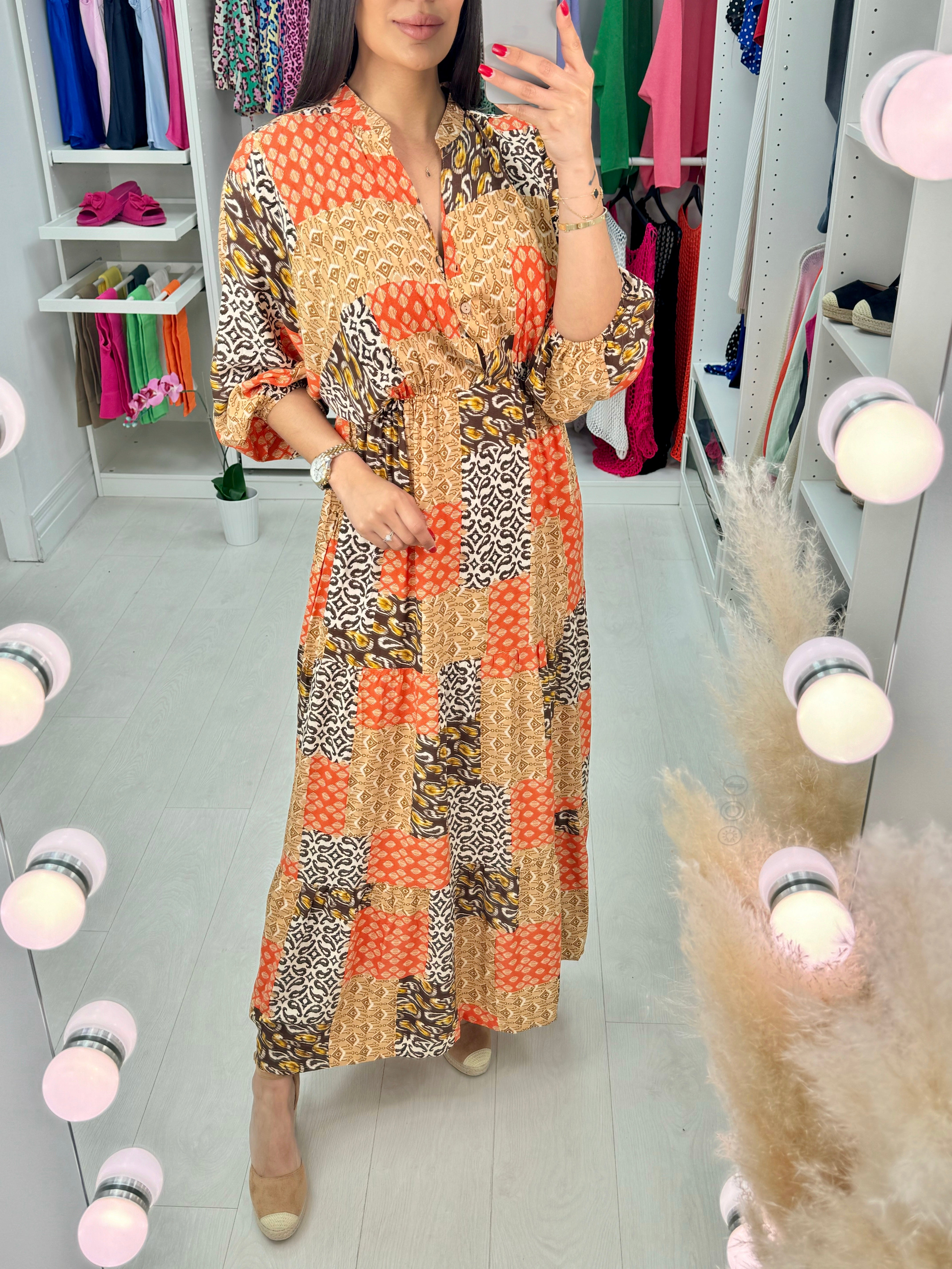 Aldona Multi Pattern Long Sleeve Maxi Dress