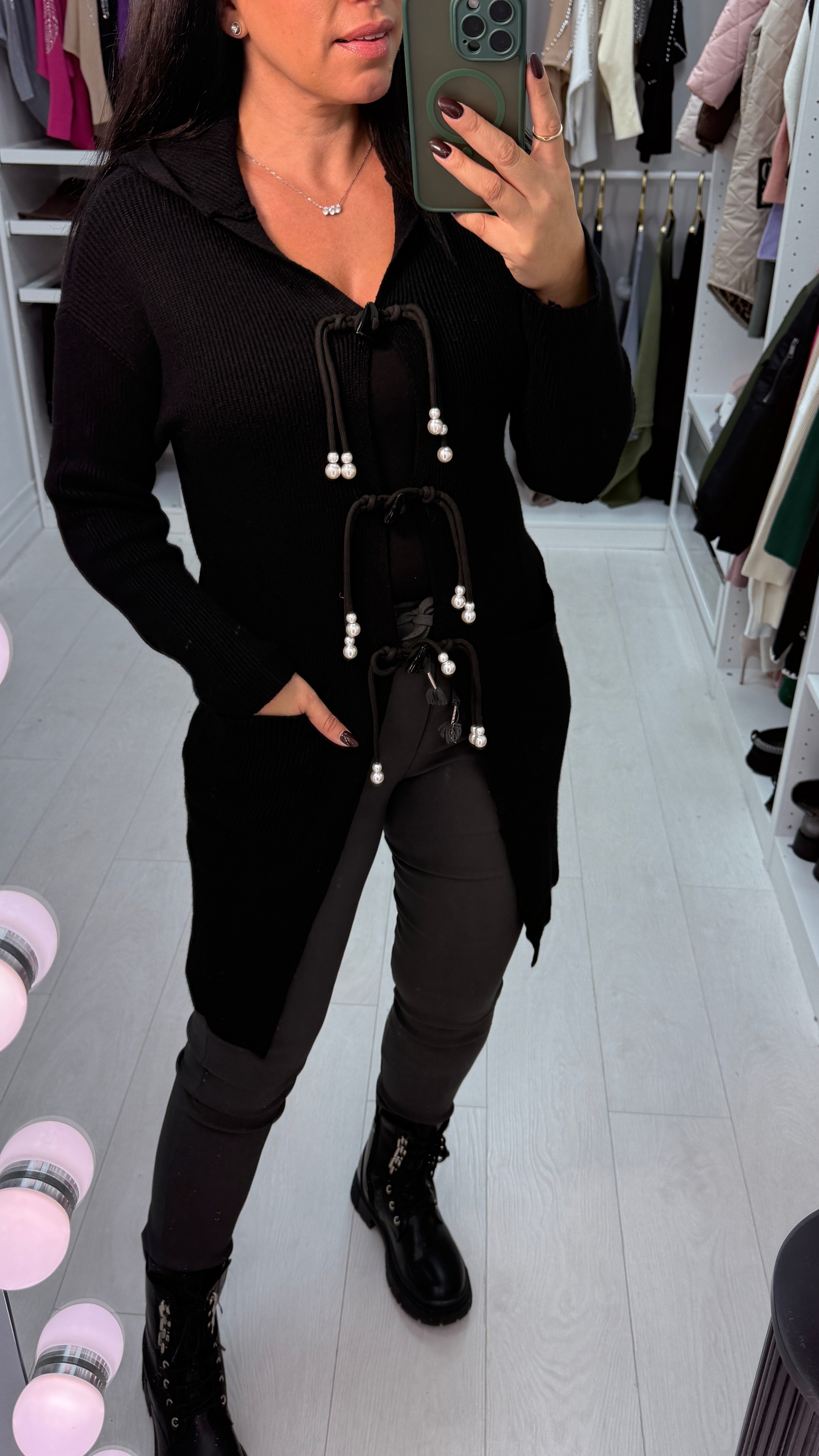 Kamilla Pearl Detail Tie Front Longline Cardigan