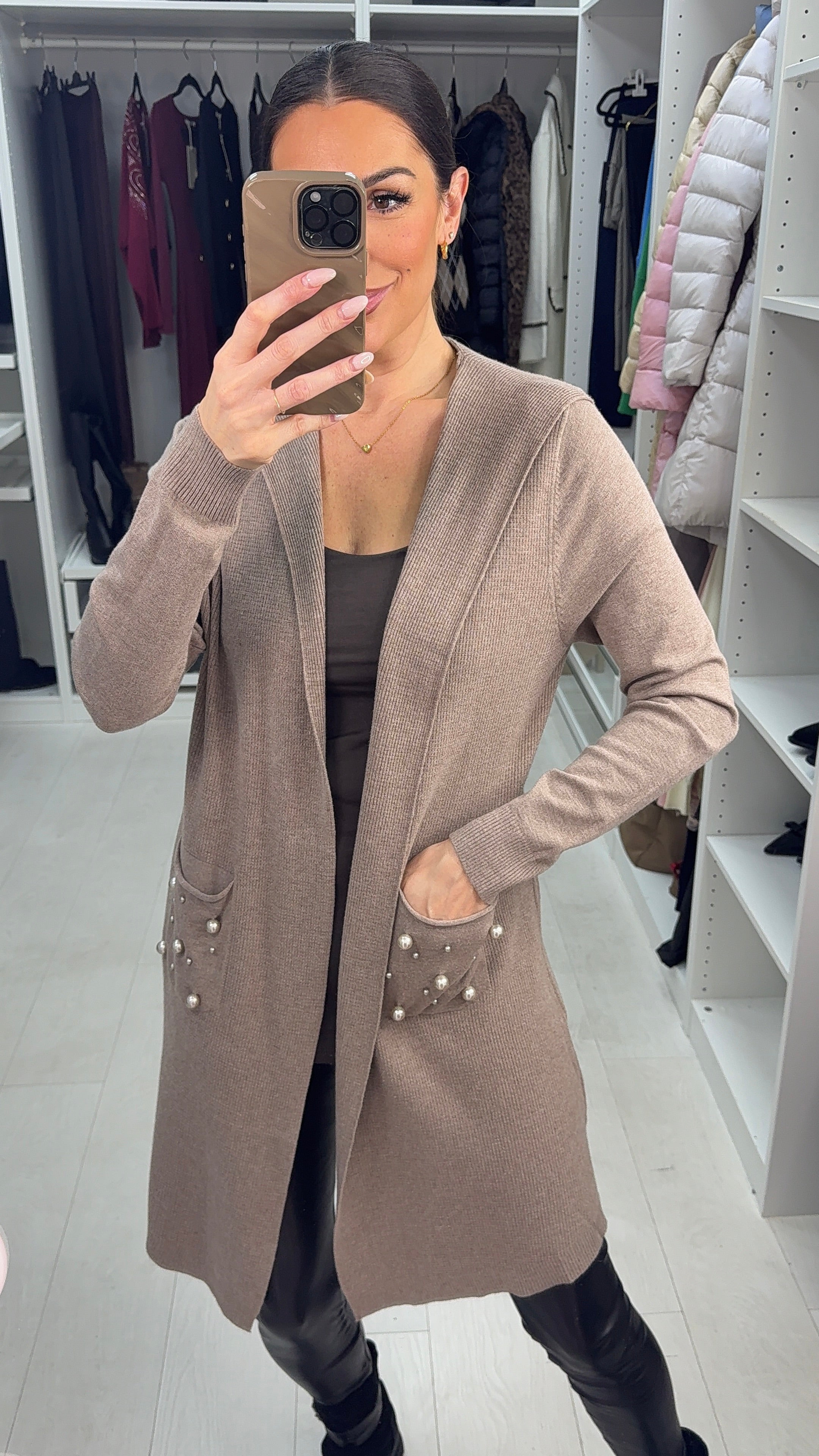 Jenett Pearl Embellished Pocket Front Hooded Cardigan