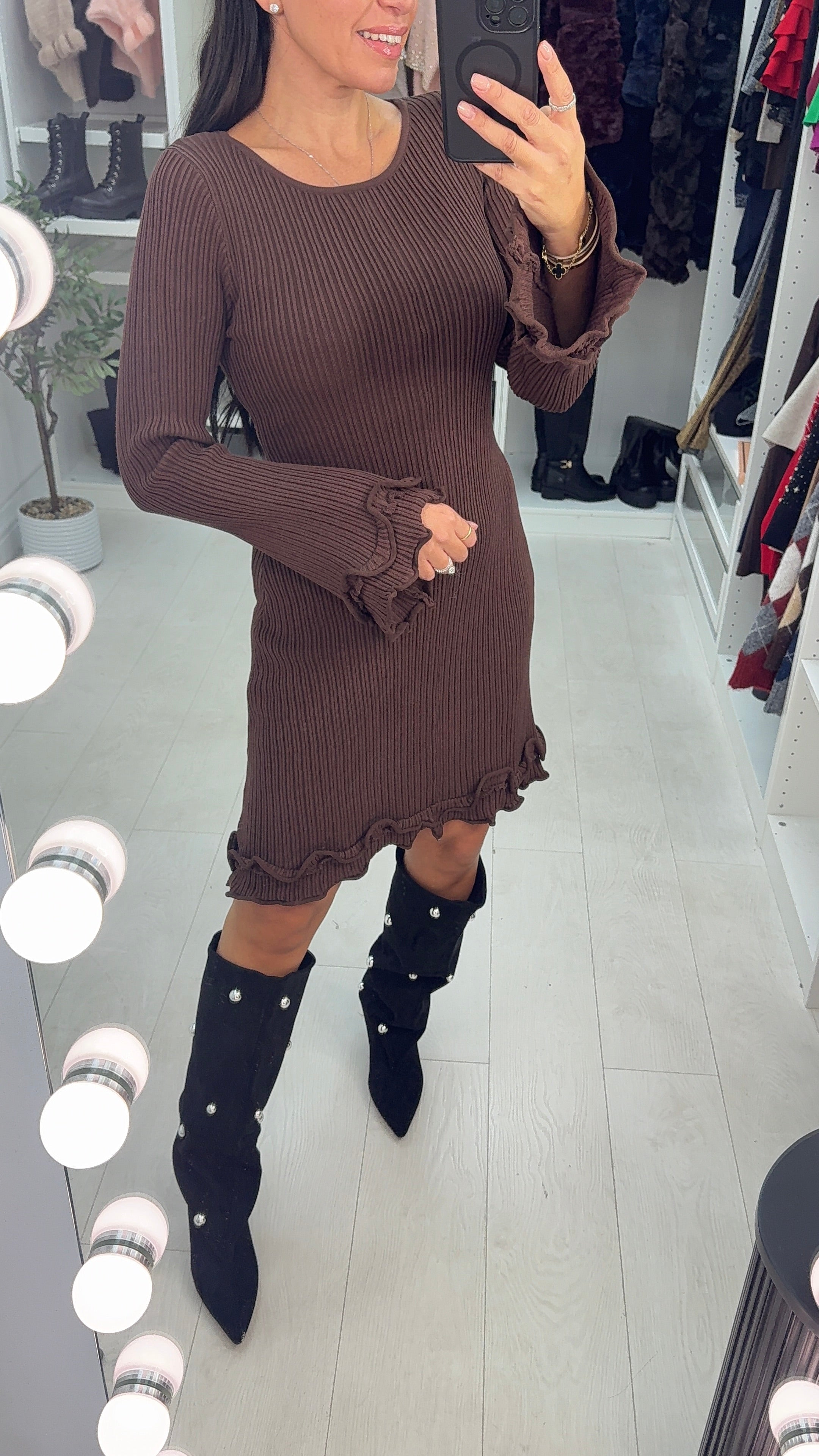 Prinnie Plain Frill Detail Ribbed Knit Skater Dress