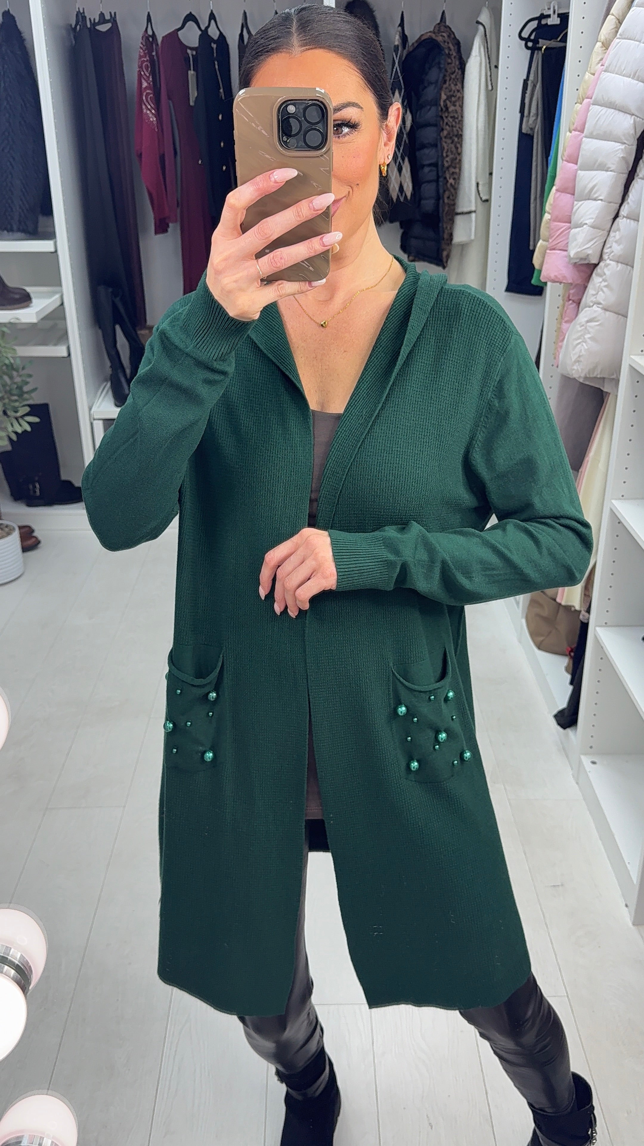 Jenett Pearl Embellished Pocket Front Hooded Cardigan