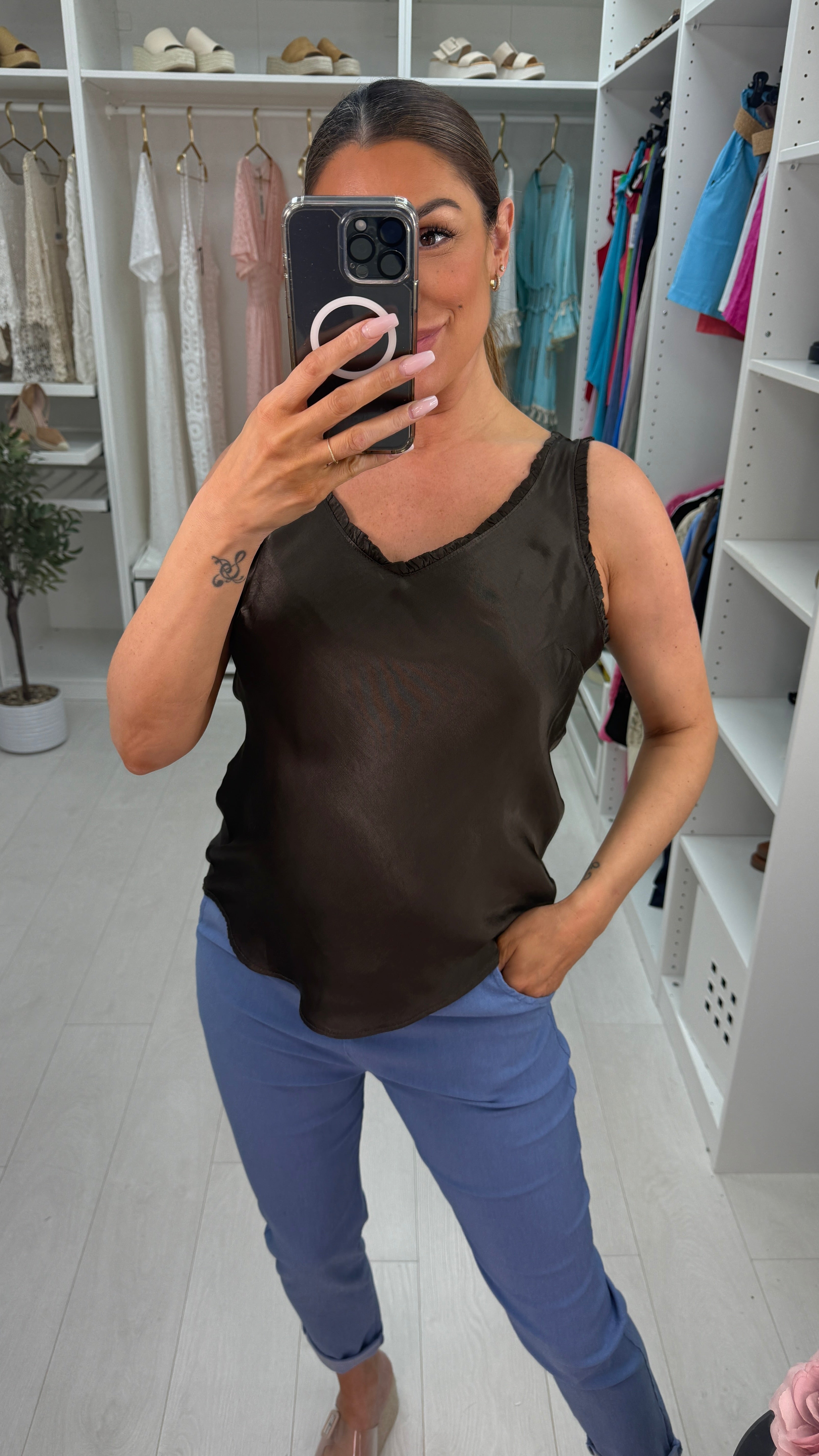 Juana Frill V Neck Satin Top