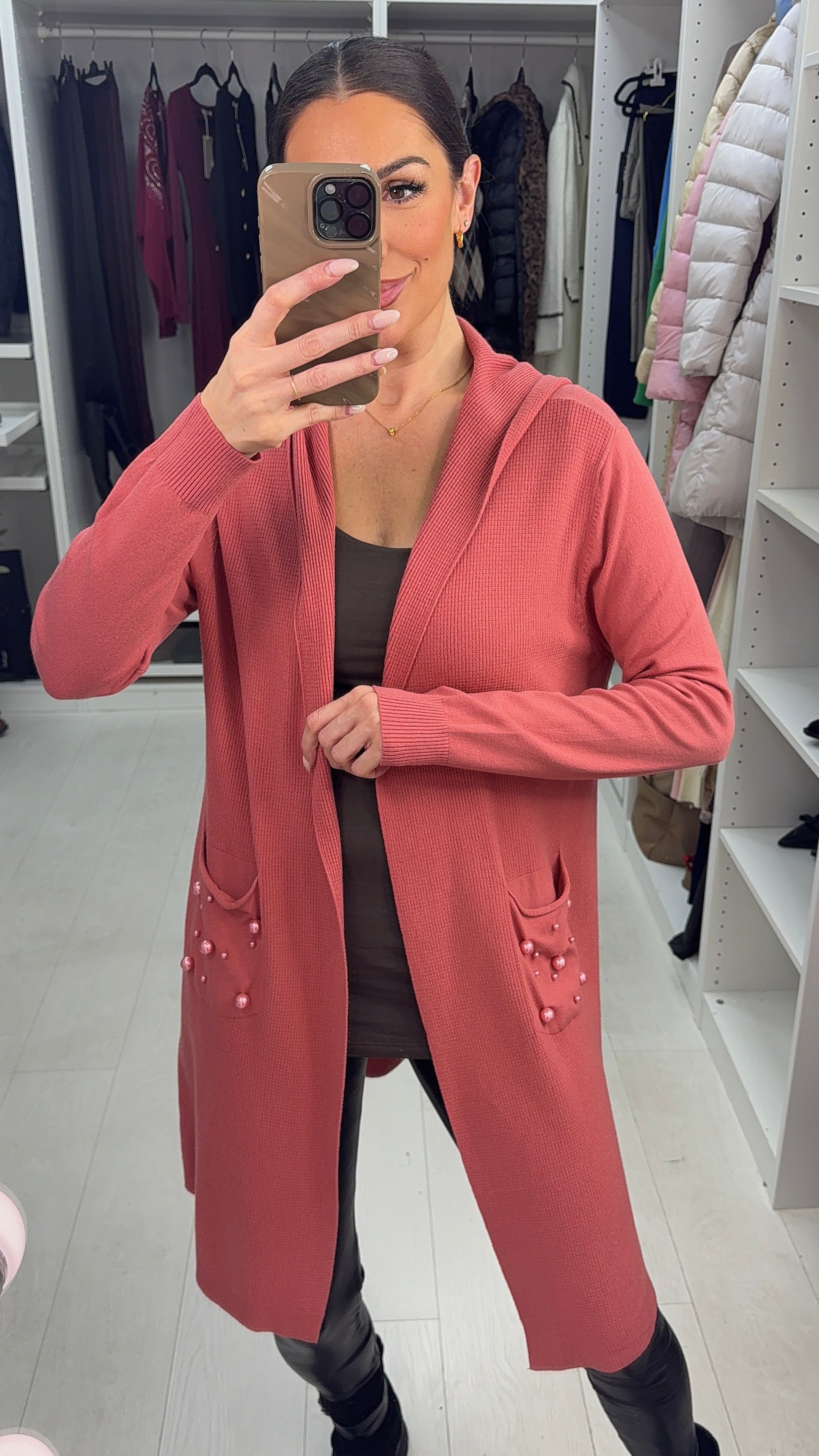 Jenett Pearl Embellished Pocket Front Hooded Cardigan