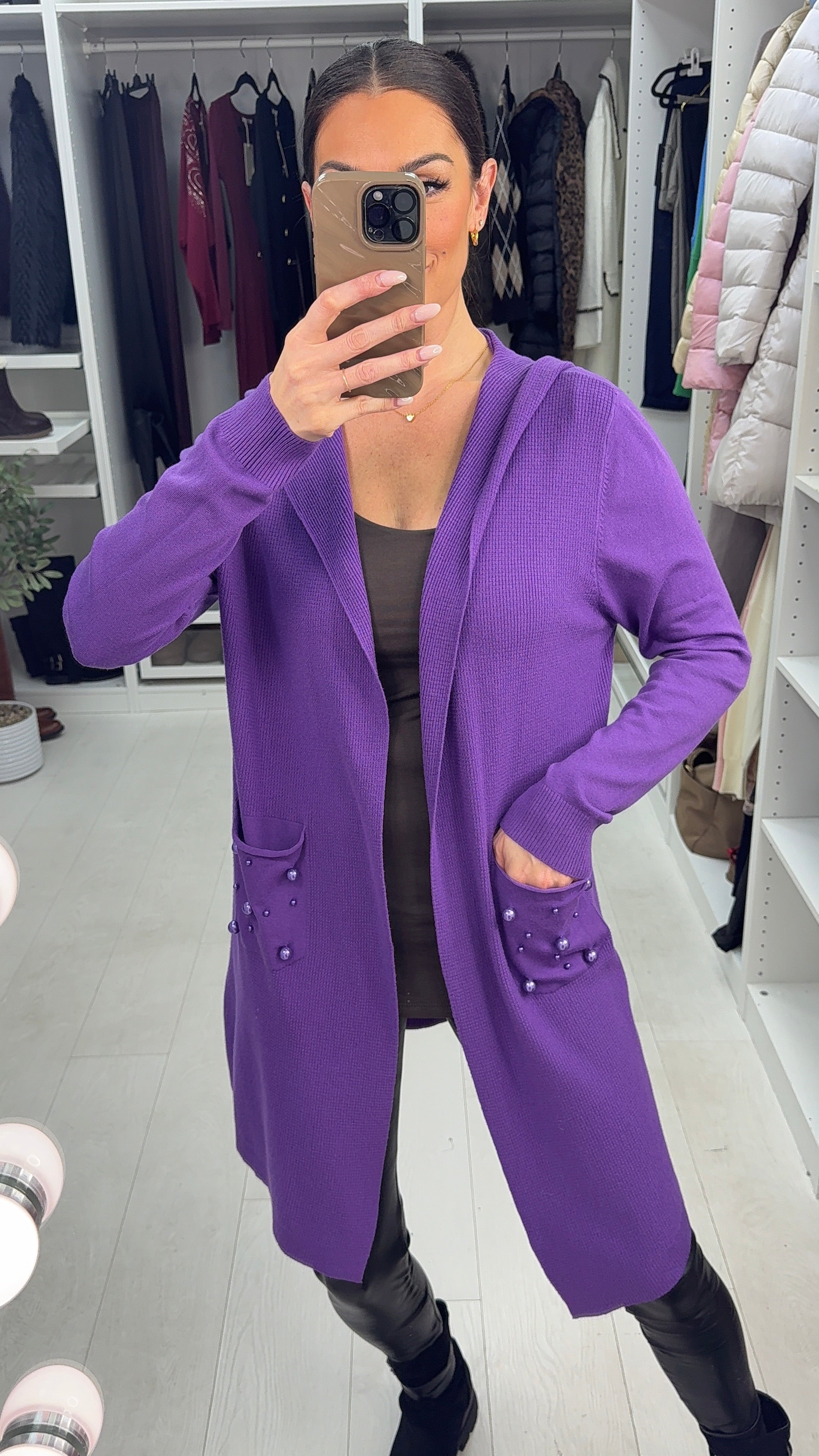 Jenett Pearl Embellished Pocket Front Hooded Cardigan