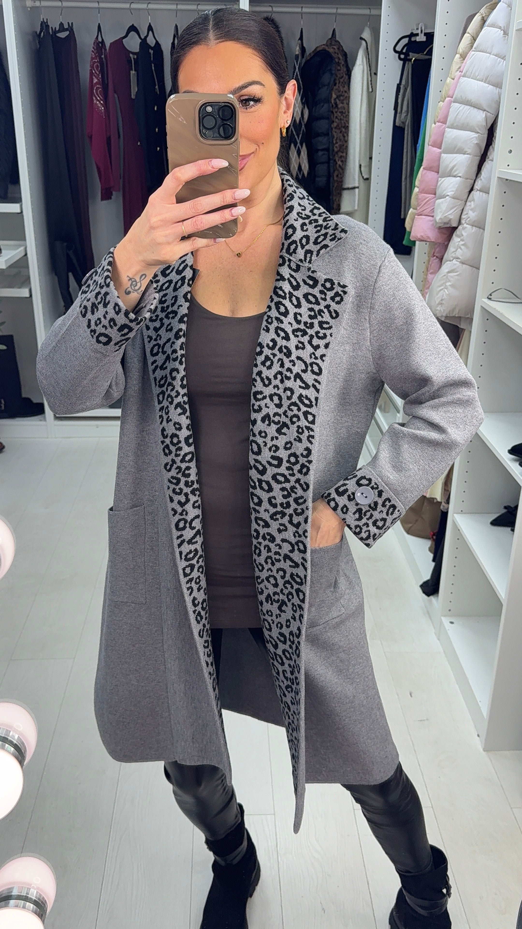 Mya Grey Cheetah Trim Pocket Cardigan