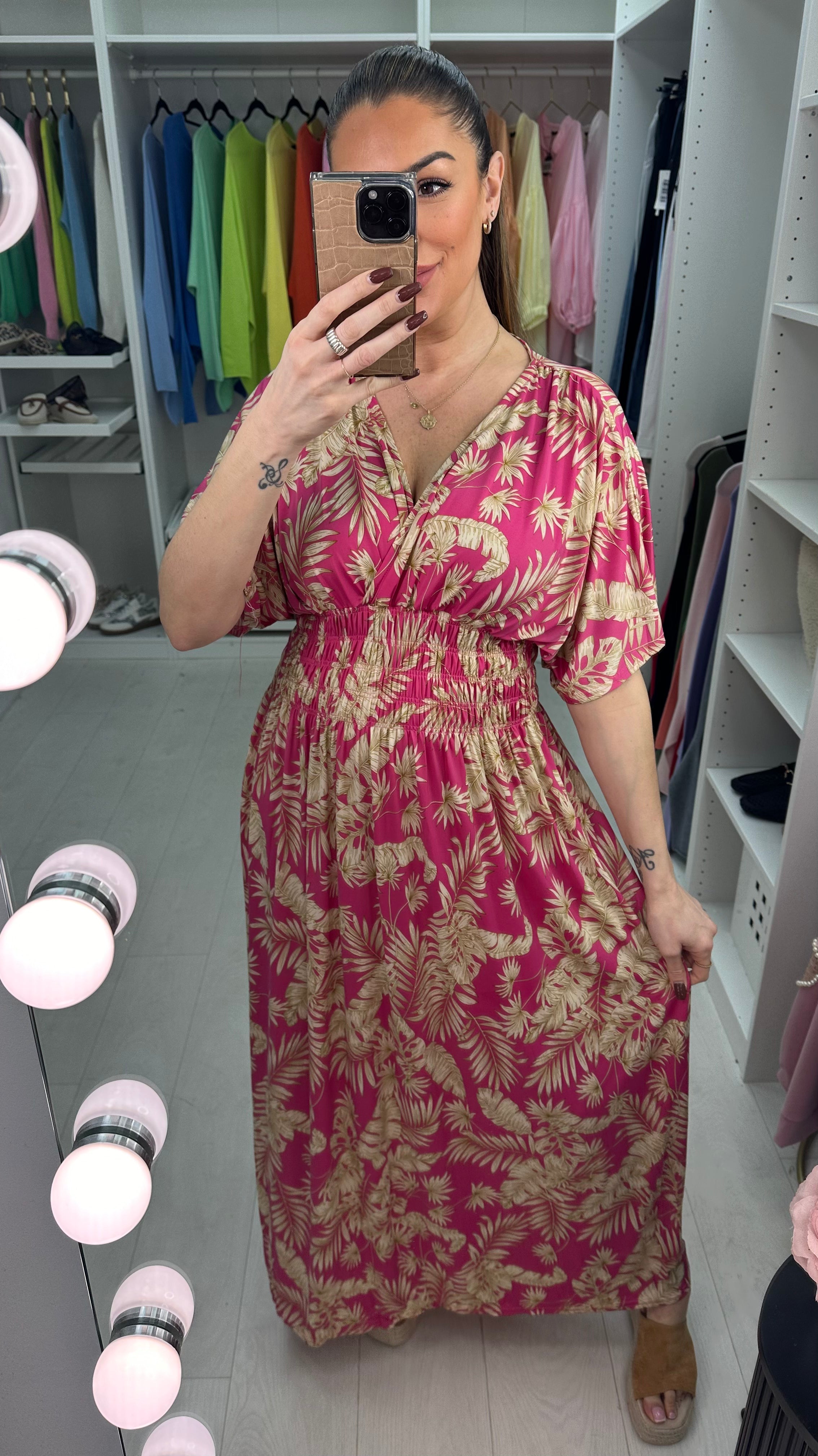 Livvy Leaf Print Shirred Waist Magic Maxi Dress