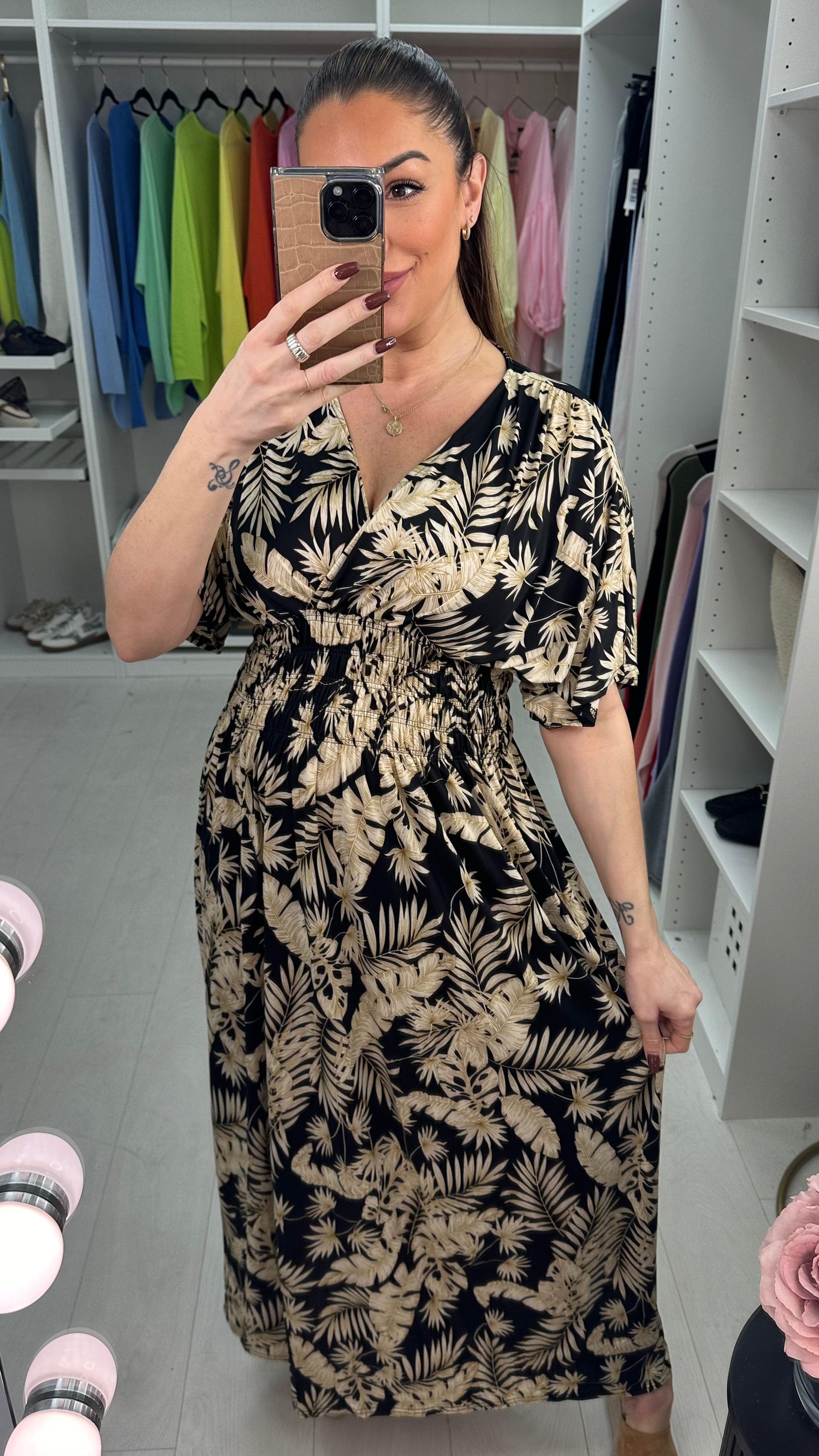 Livvy Leaf Print Shirred Waist Magic Maxi Dress