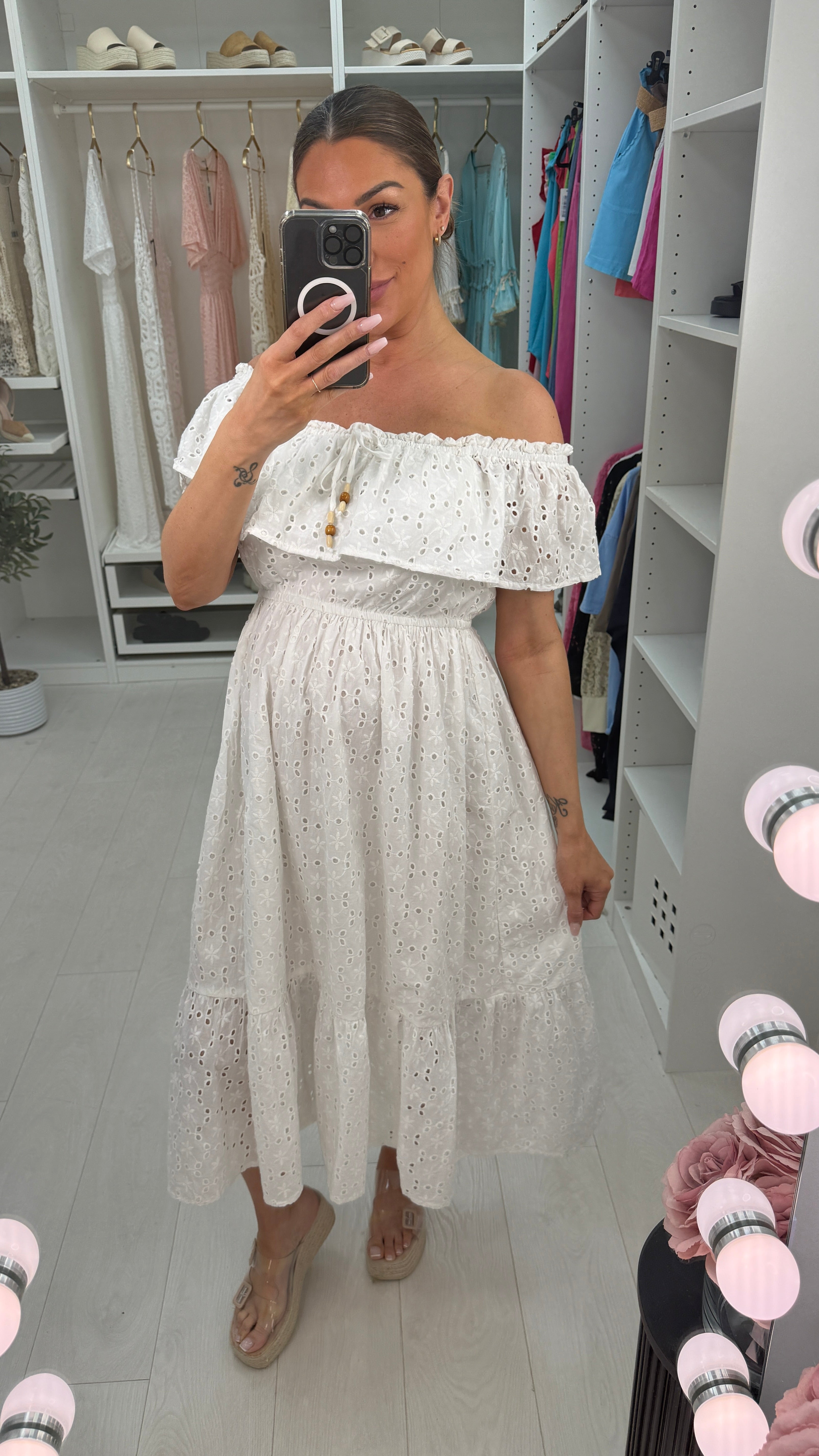 Susanna Plain Broderie Anglaise Bardot Maxi Dress