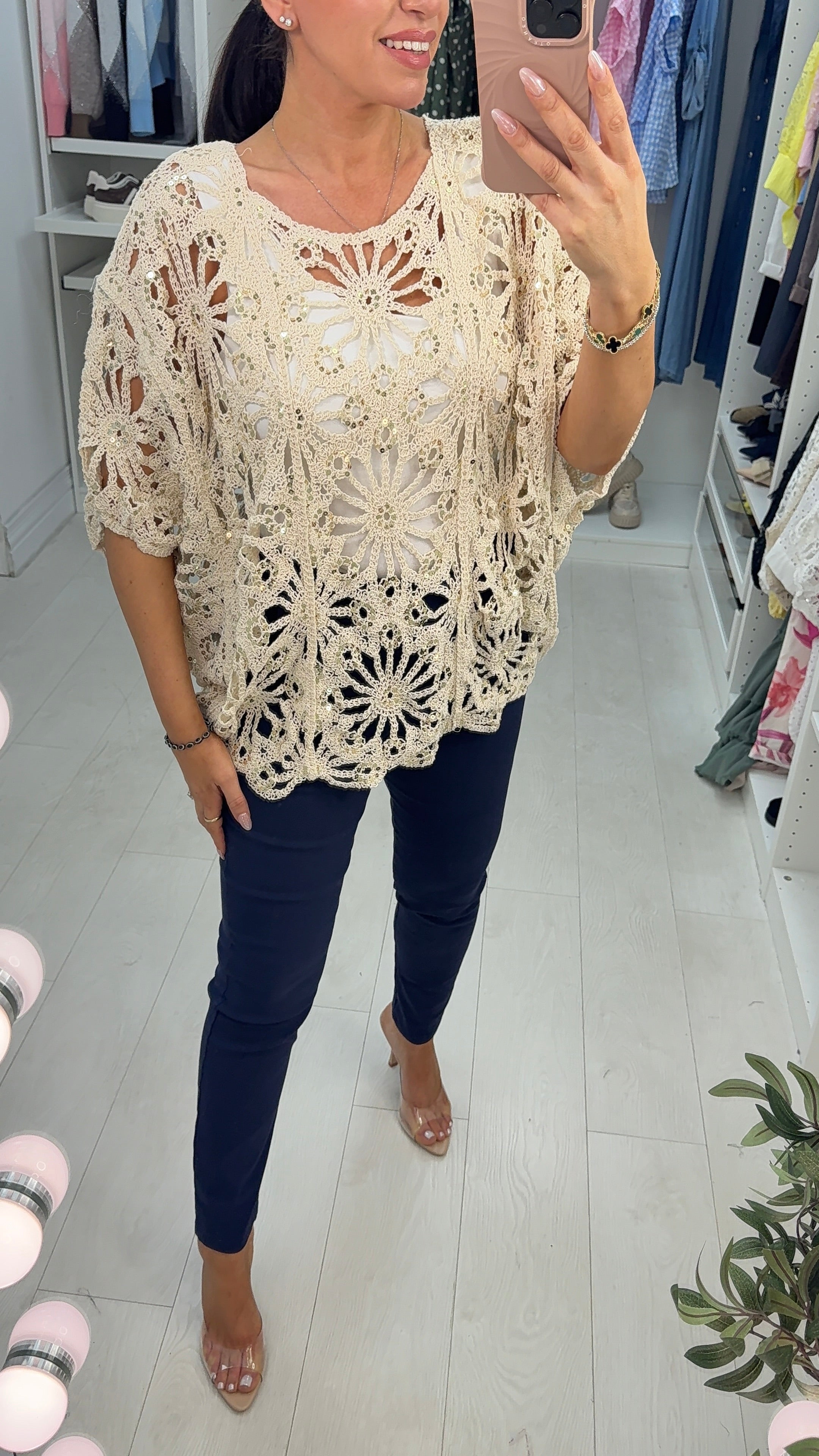 Brigida Crochet Sequin Detailed Batwing Sleeve Top