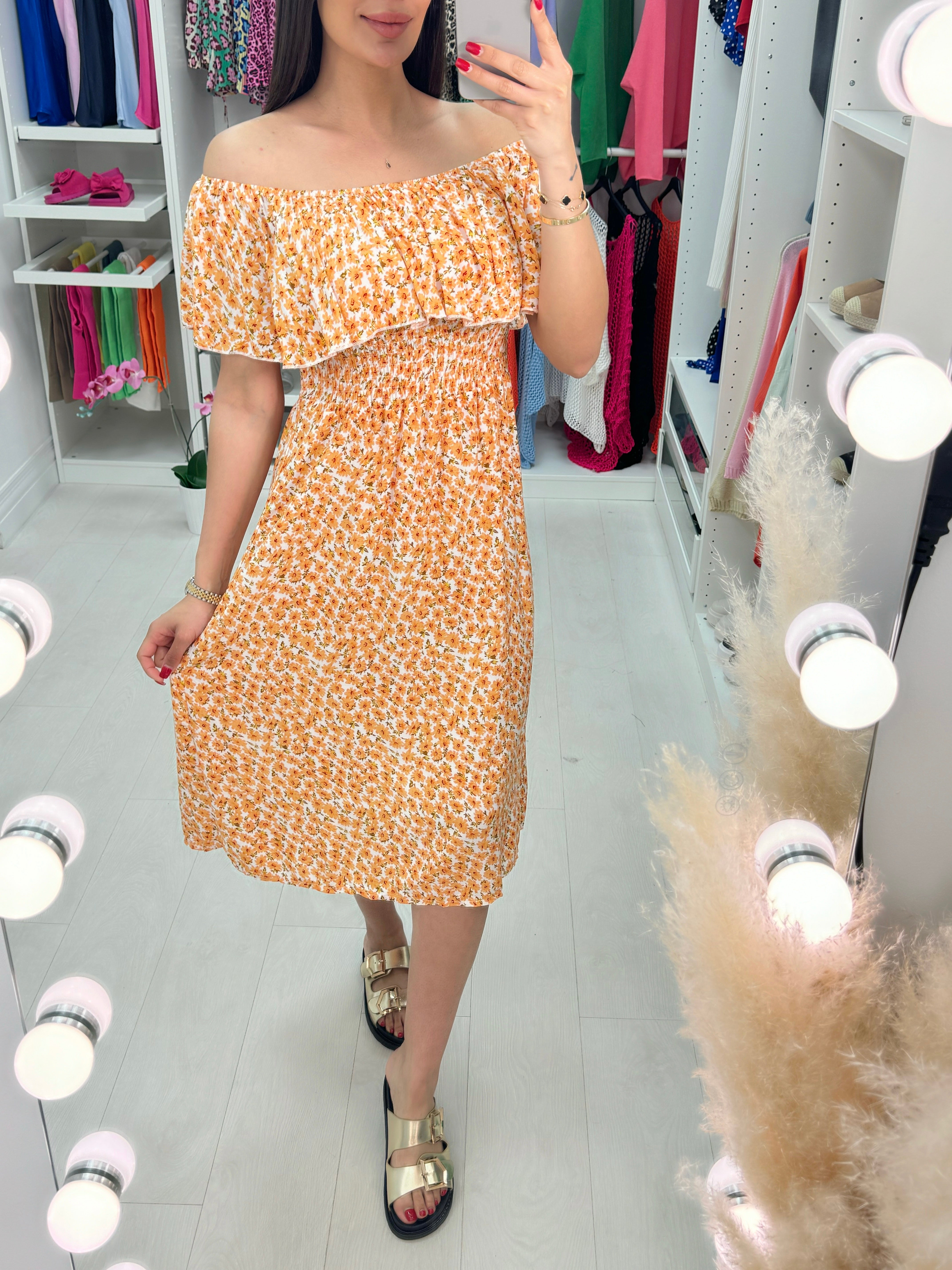 Miray Floral Print Bardot Frill Dress