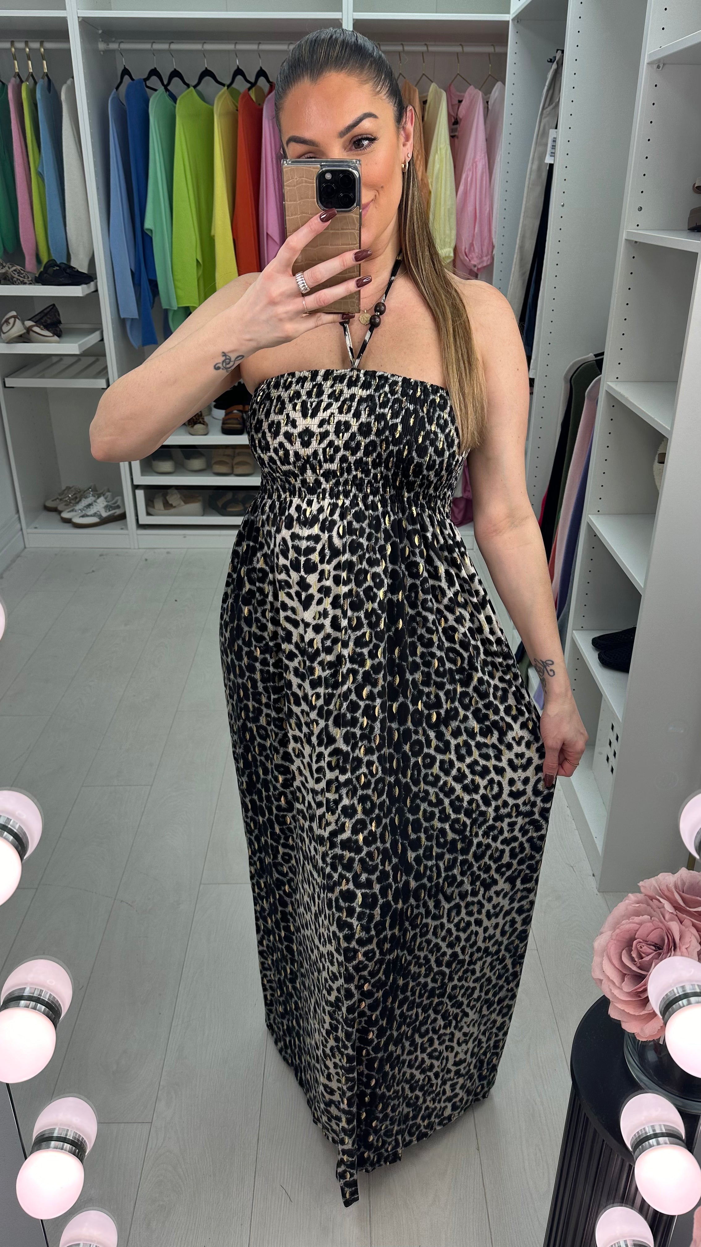 Bergamo Grey Leopard Print Elasticated Bust Maxi Dress BowsBoutiques Bergamo Grey Leopard Print Elasticated Bust Maxi Dress BowsBoutiques