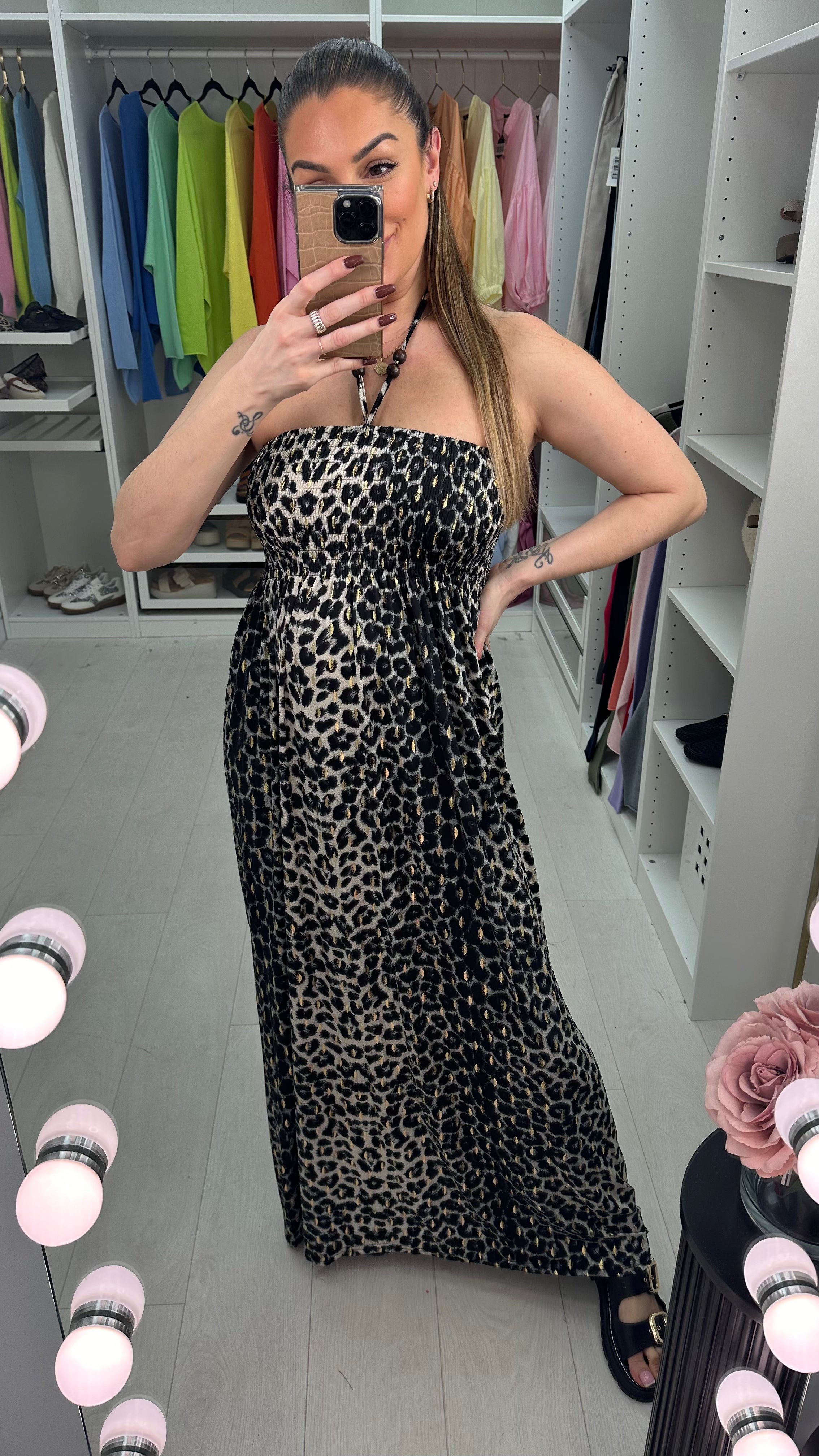 Bergamo Grey Leopard Print Elasticated Bust Maxi Dress
