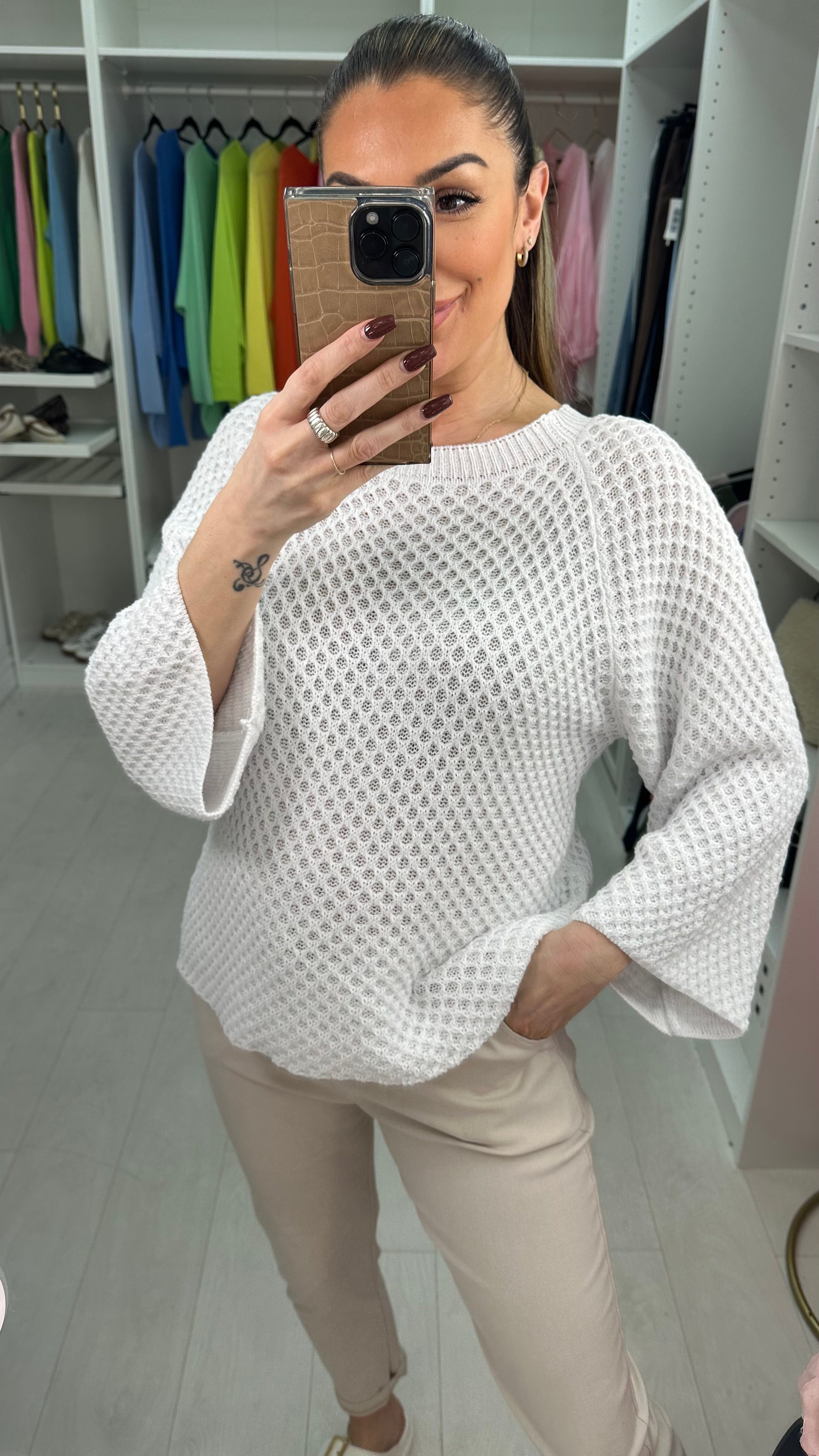 Jacqueline 3/4 Sleeve Crochet Knit Top