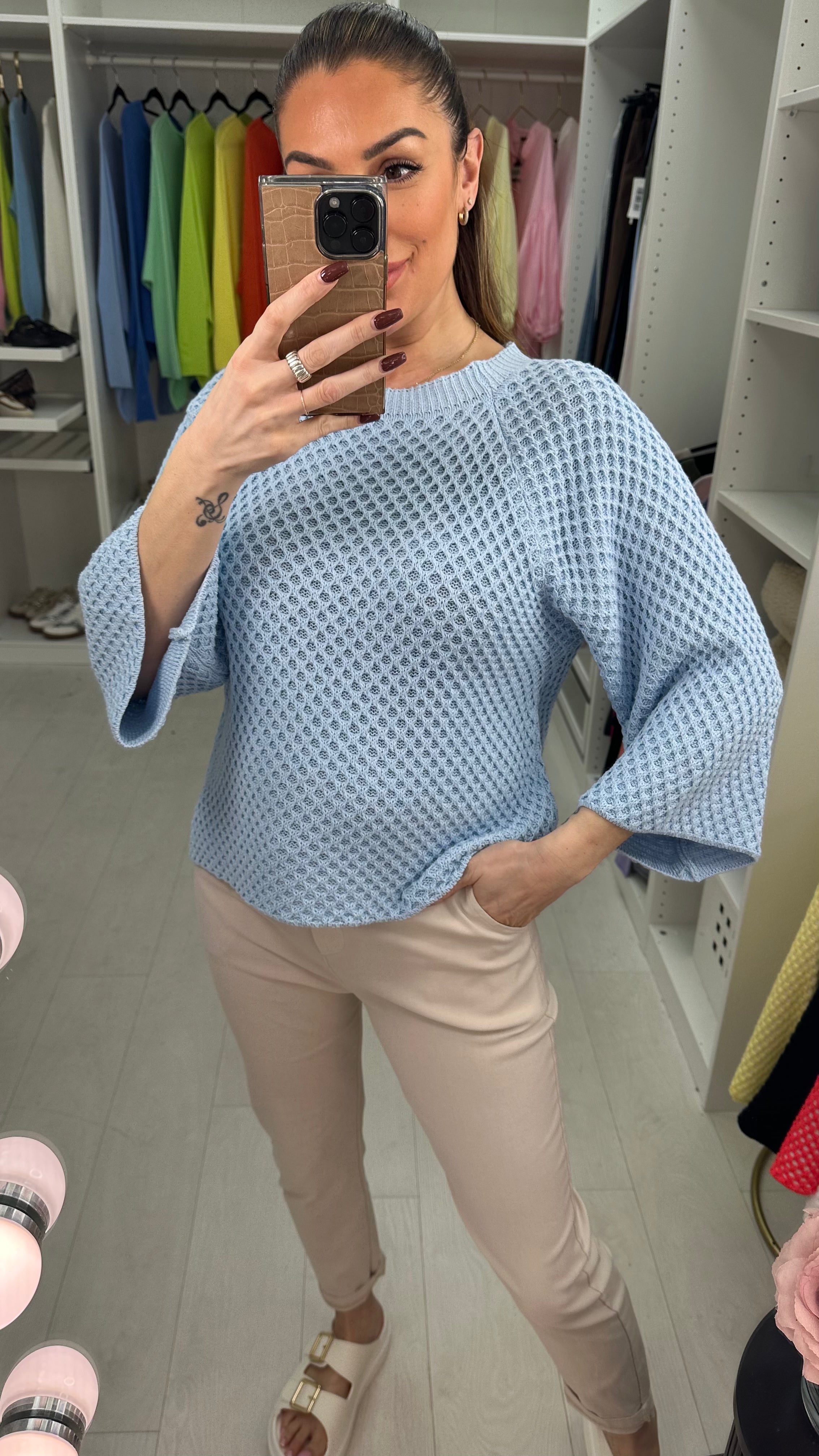 Jacqueline 3/4 Sleeve Crochet Knit Top