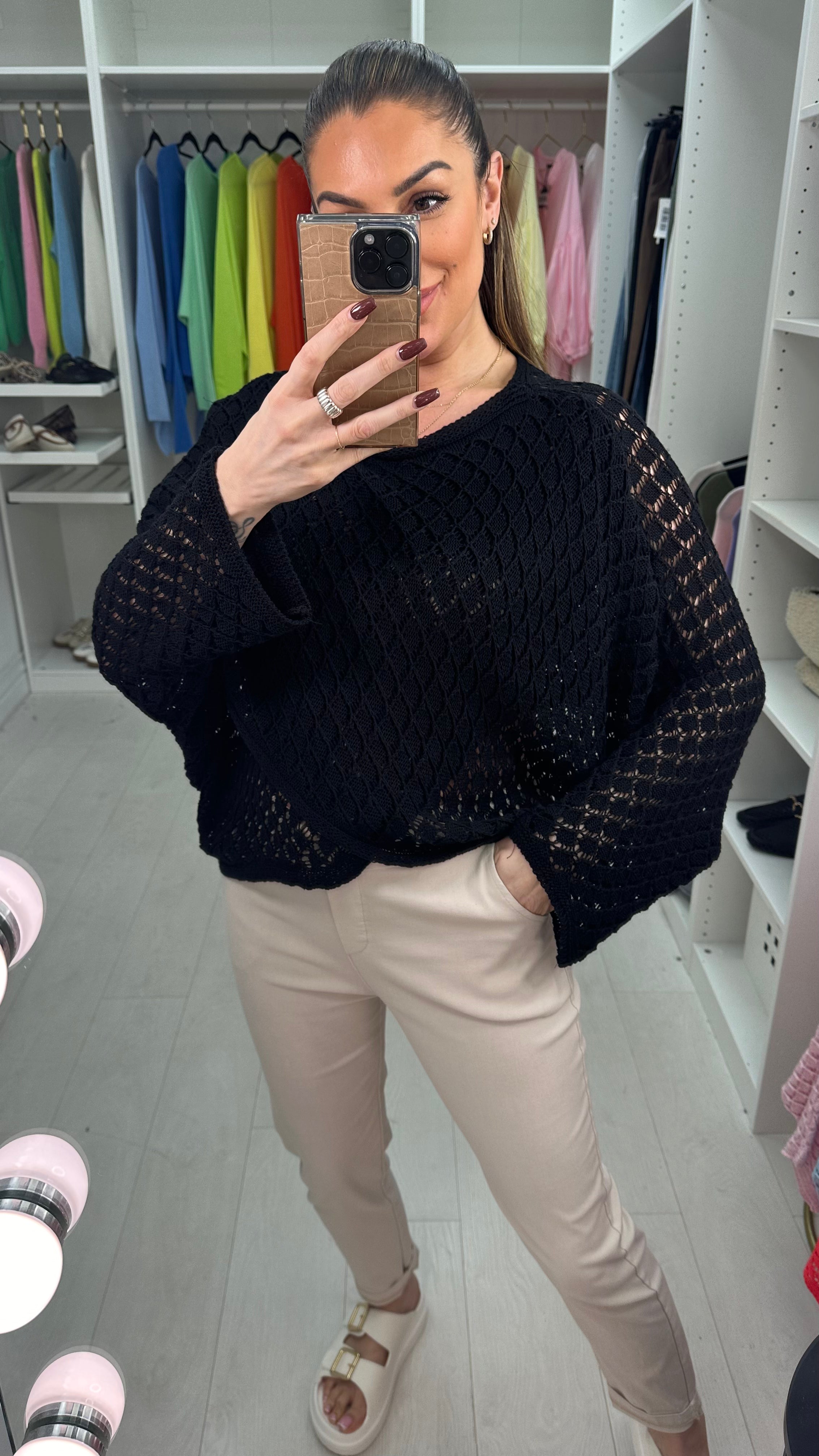 Caitlin Crochet Loose Fit Wrap Over Knit Top