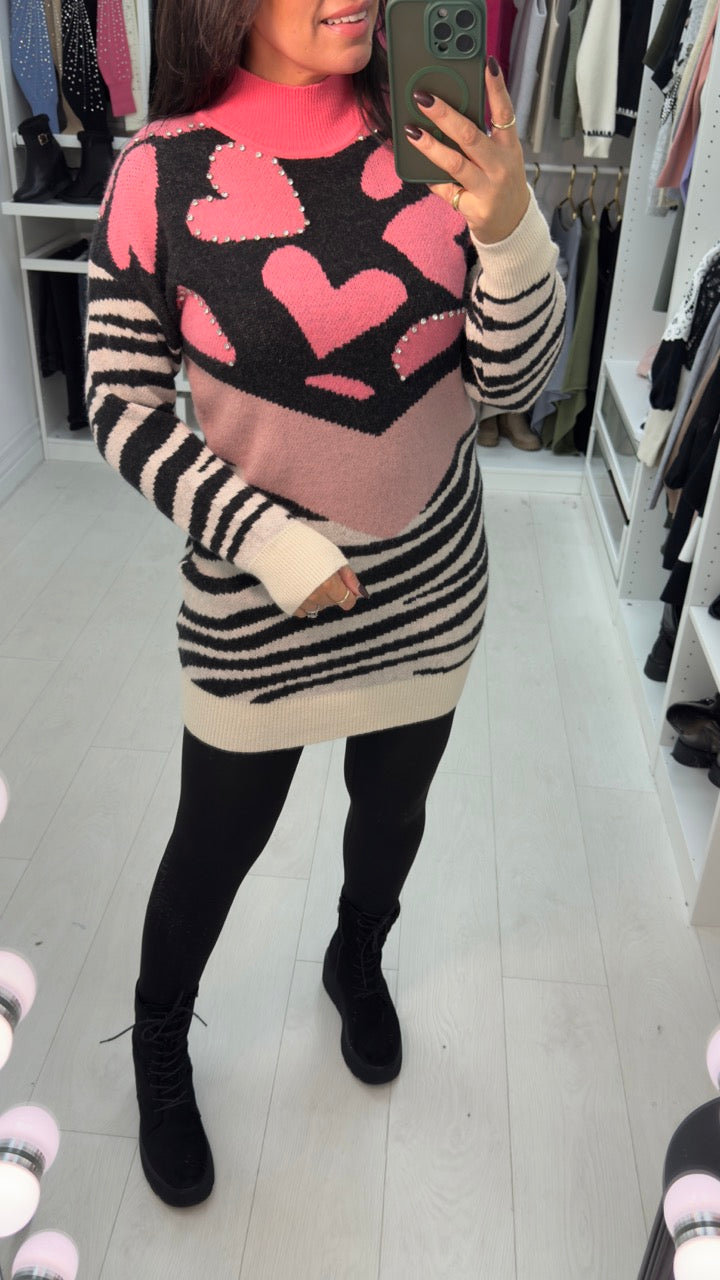Agatha Embellished Heart & Animal Print Longline Jumper