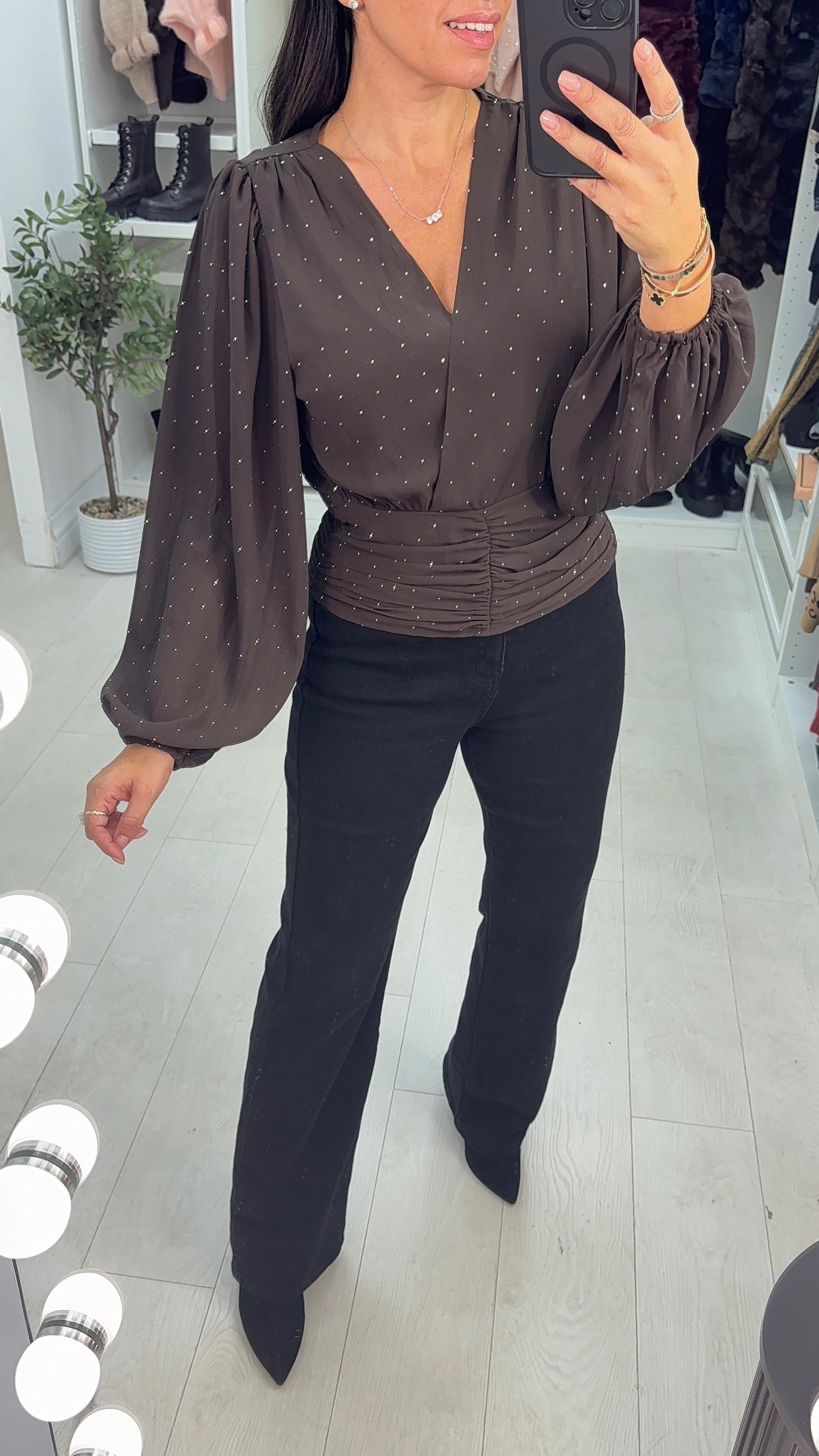 Preenie Embellished V Neck Long Sleeve Top