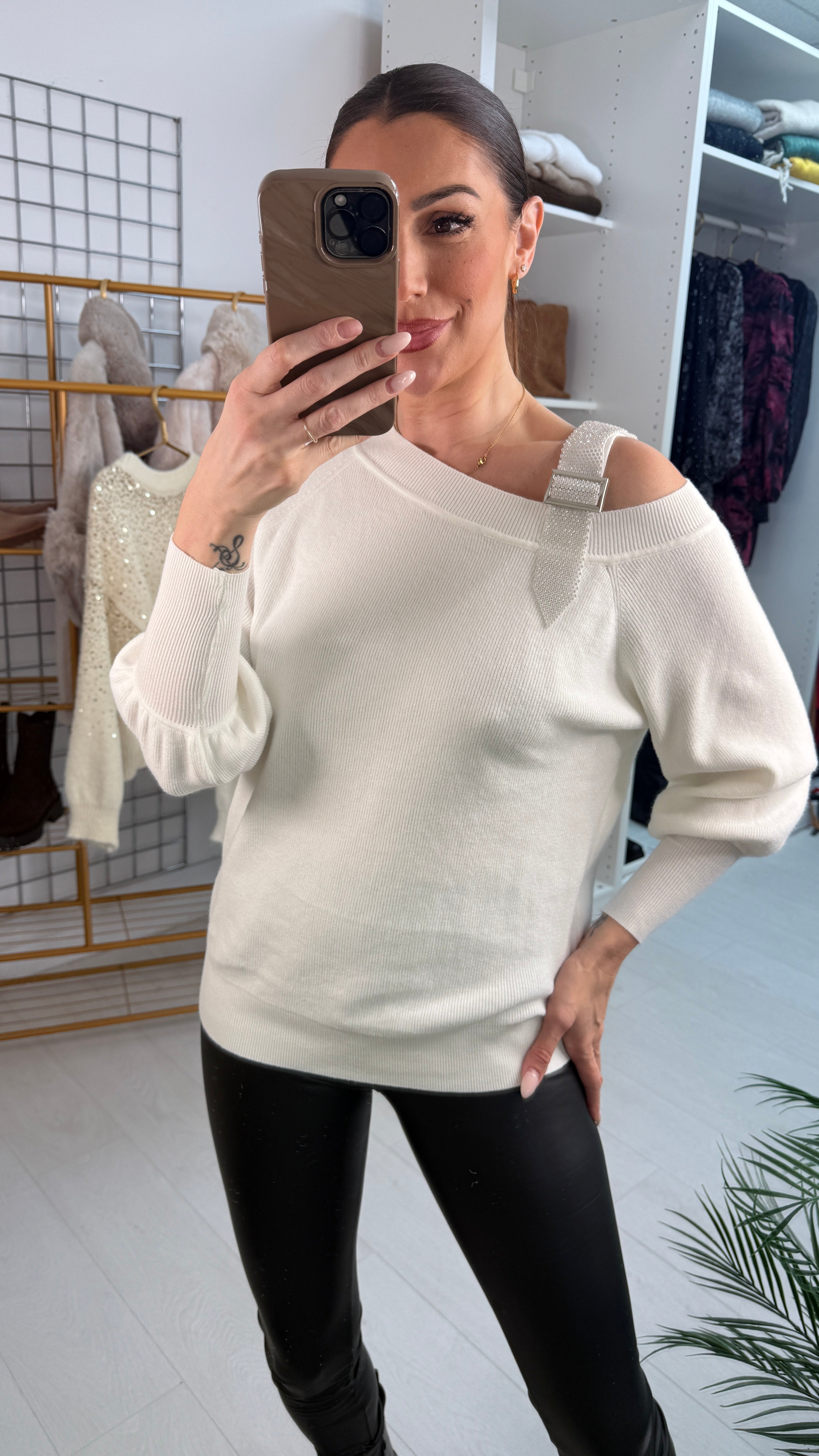 Delana Studded Diamante Buckle Strap Shoulder Detailed Knit Jumper