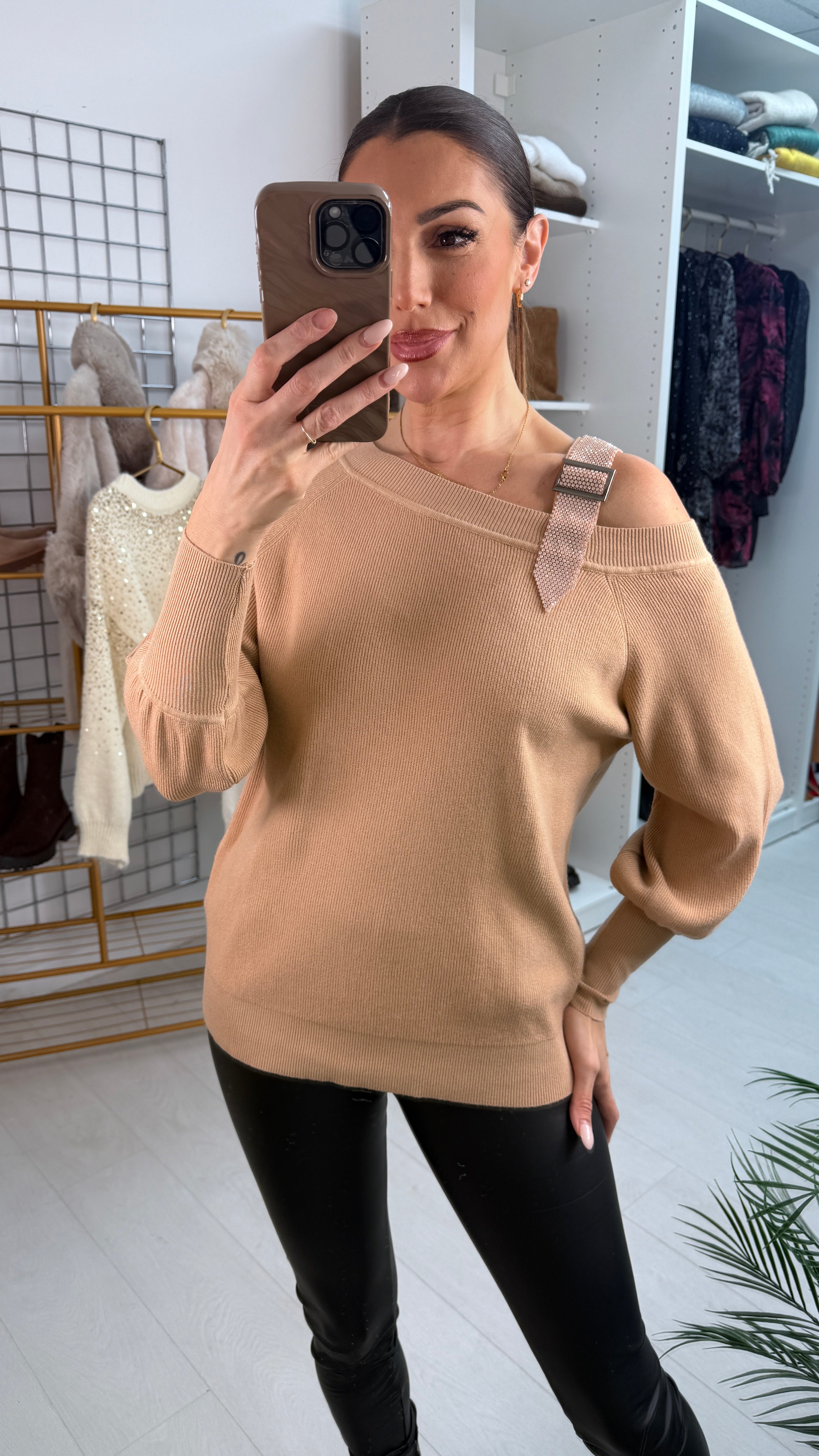 Delana Studded Diamante Buckle Strap Shoulder Detailed Knit Jumper