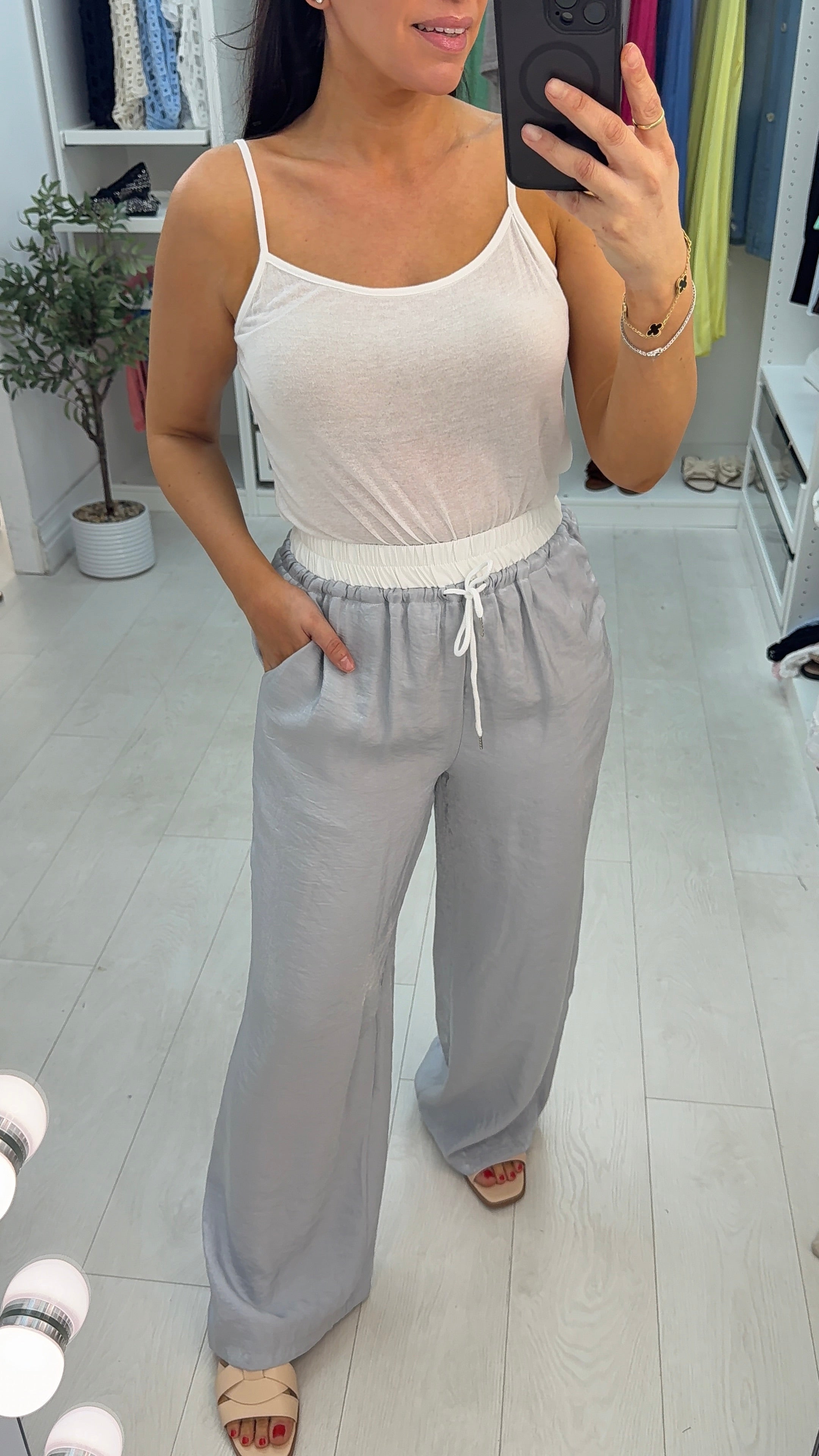 Doreen Plain Contrast Waistband Wide Leg Trousers