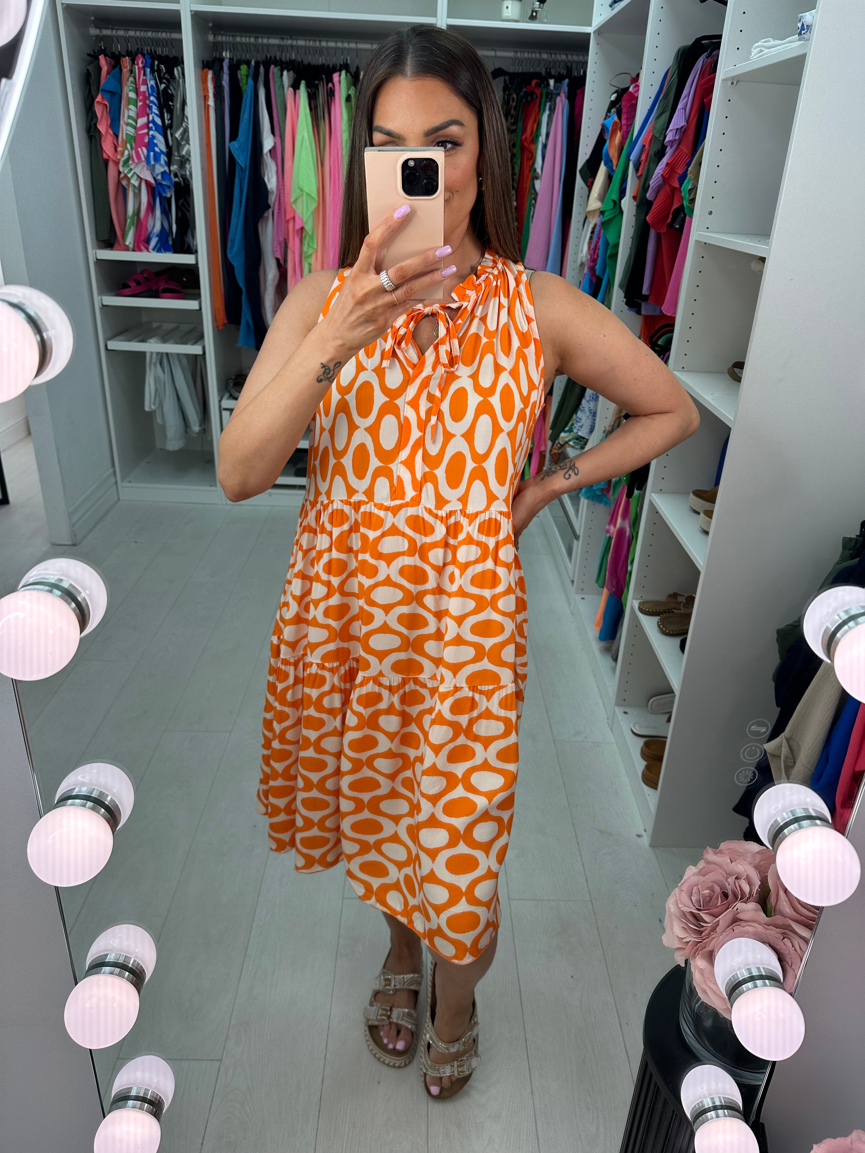 Rivka Patterned Tie Neck Midi Dress