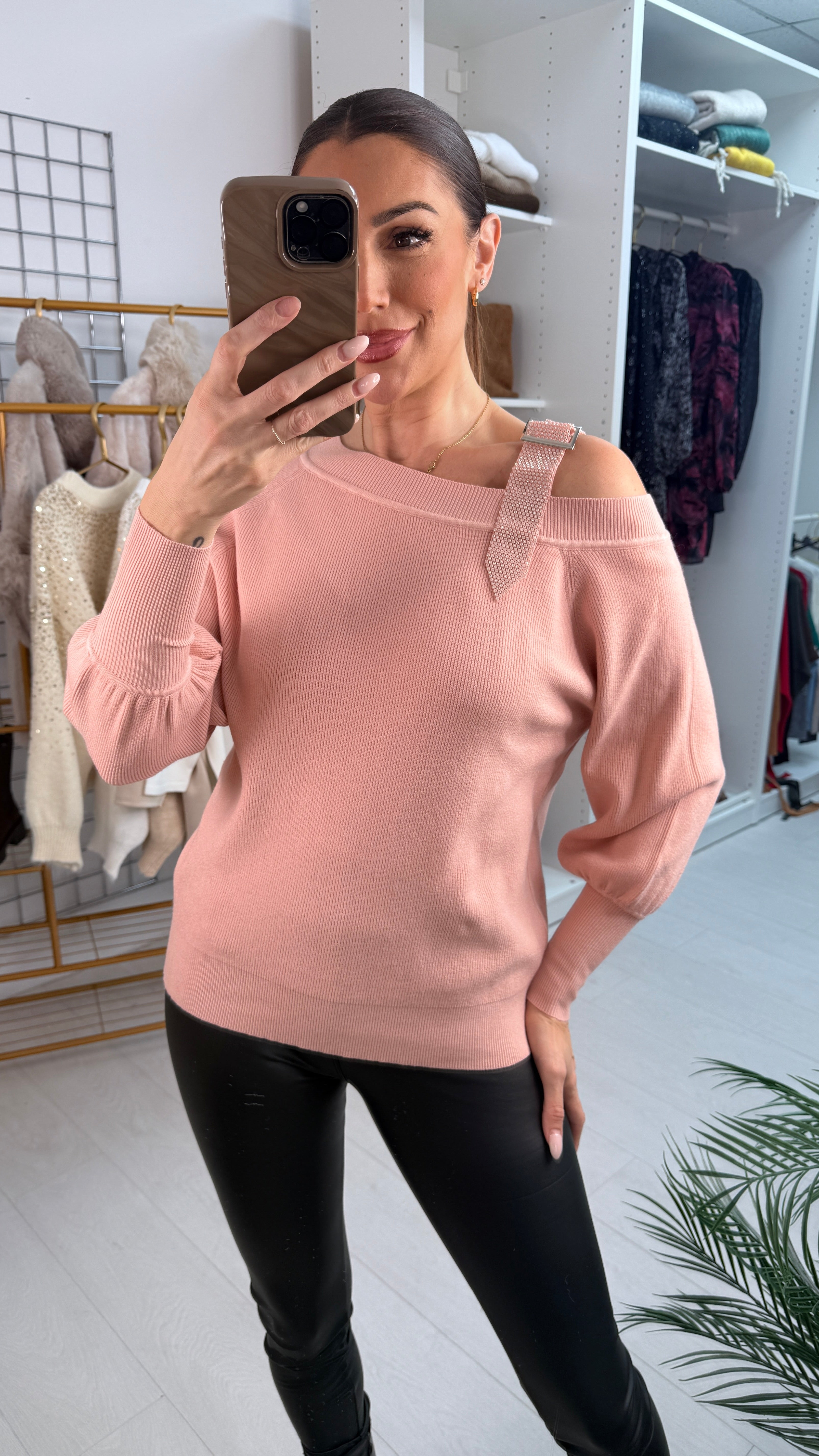 Delana Studded Diamante Buckle Strap Shoulder Detailed Knit Jumper