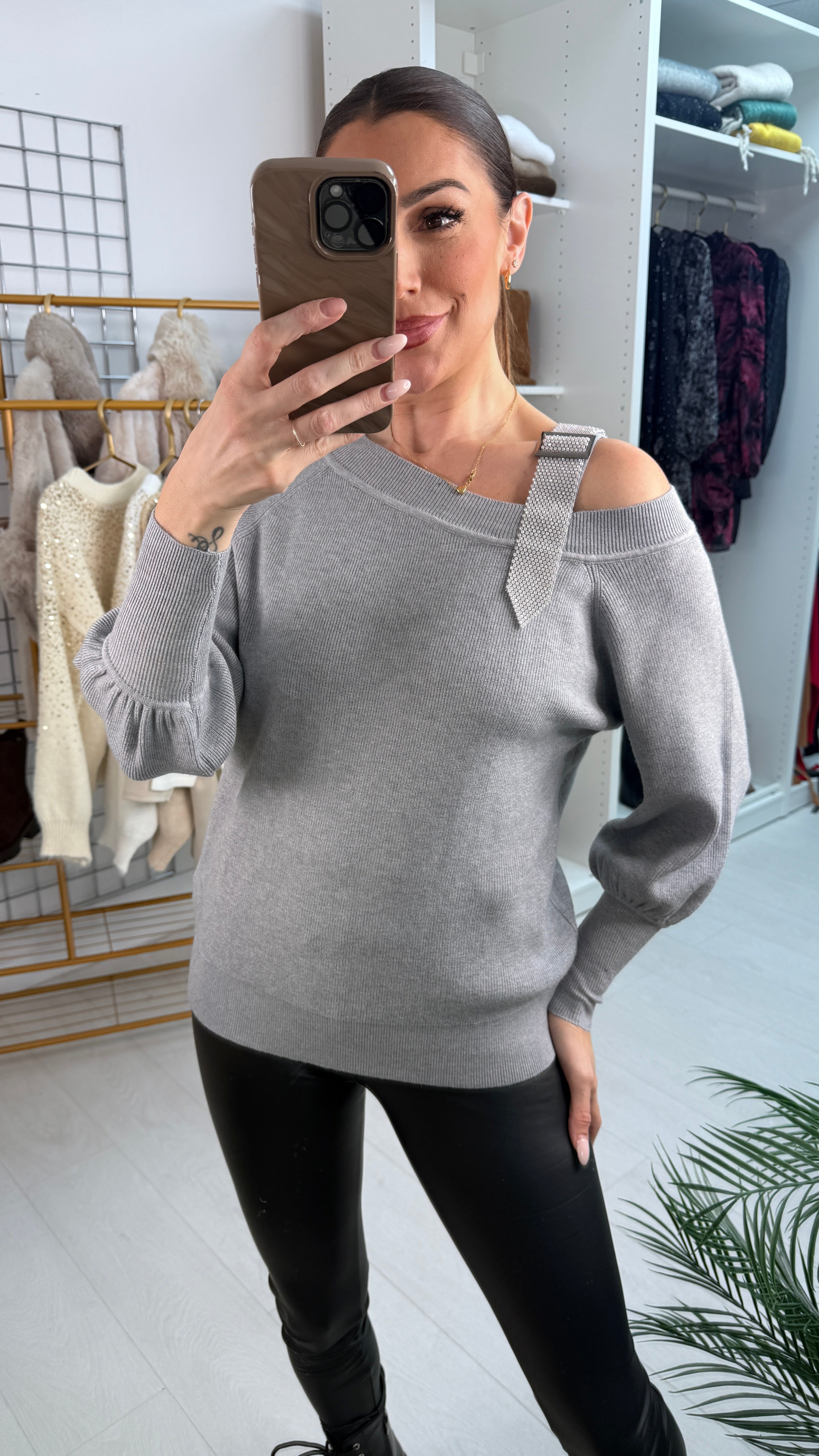 Delana Studded Diamante Buckle Strap Shoulder Detailed Knit Jumper