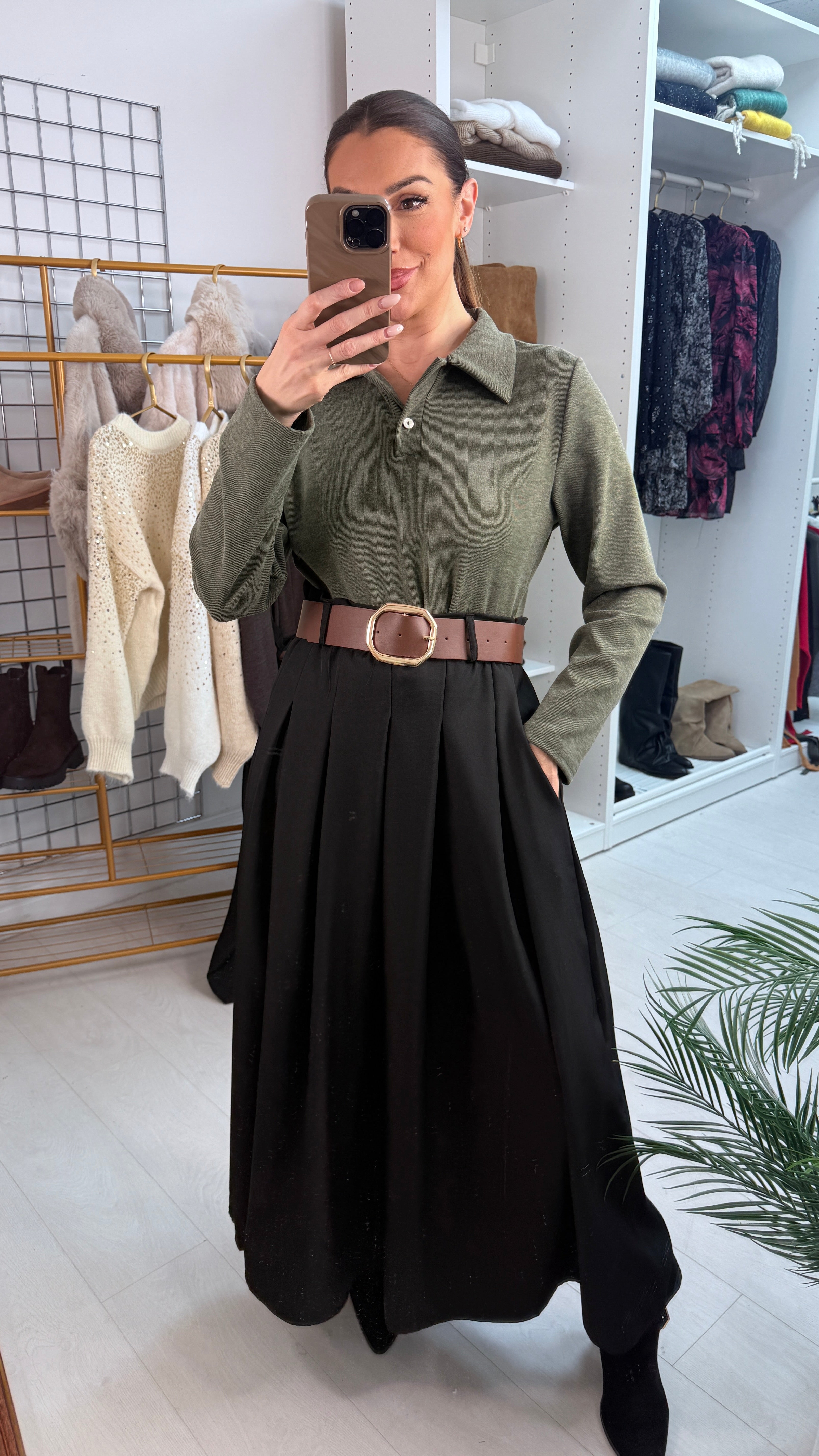 Milly V Neck Belted Black Skirt Dress