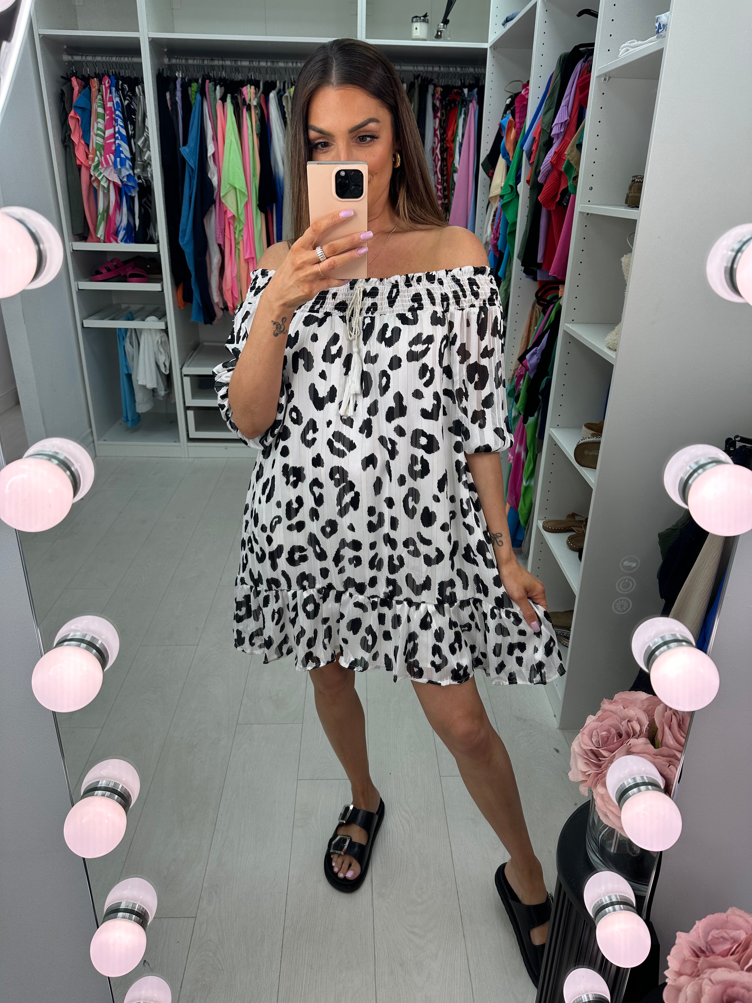 Sharlot Lurex Leopard Print Bardot Dress