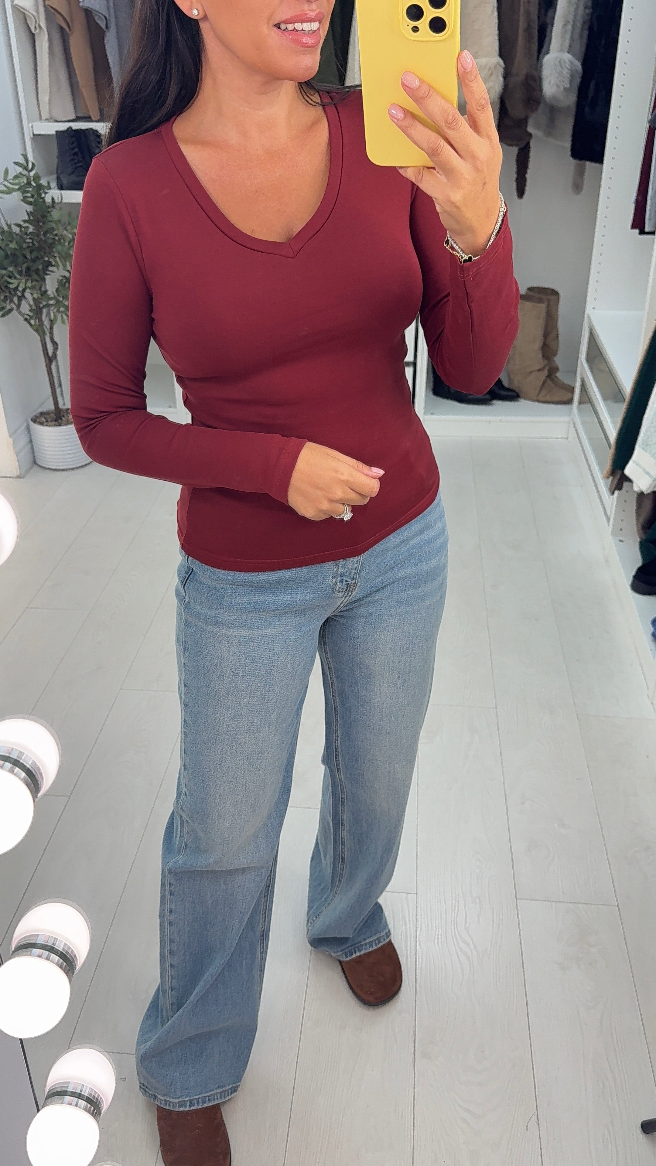 Debbie Plain V Neck Long Sleeve Basic Top
