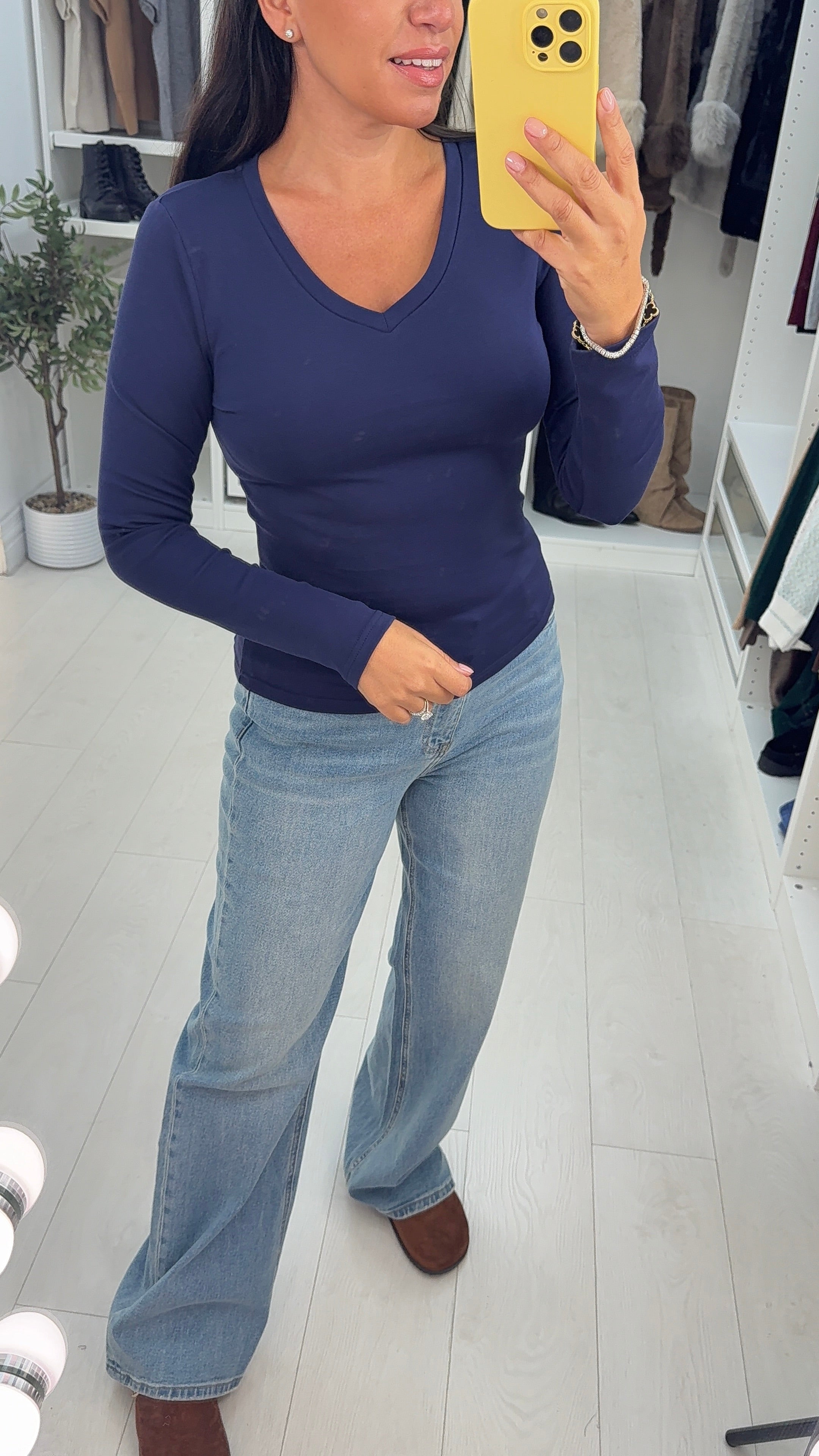 Debbie Plain V Neck Long Sleeve Basic Top