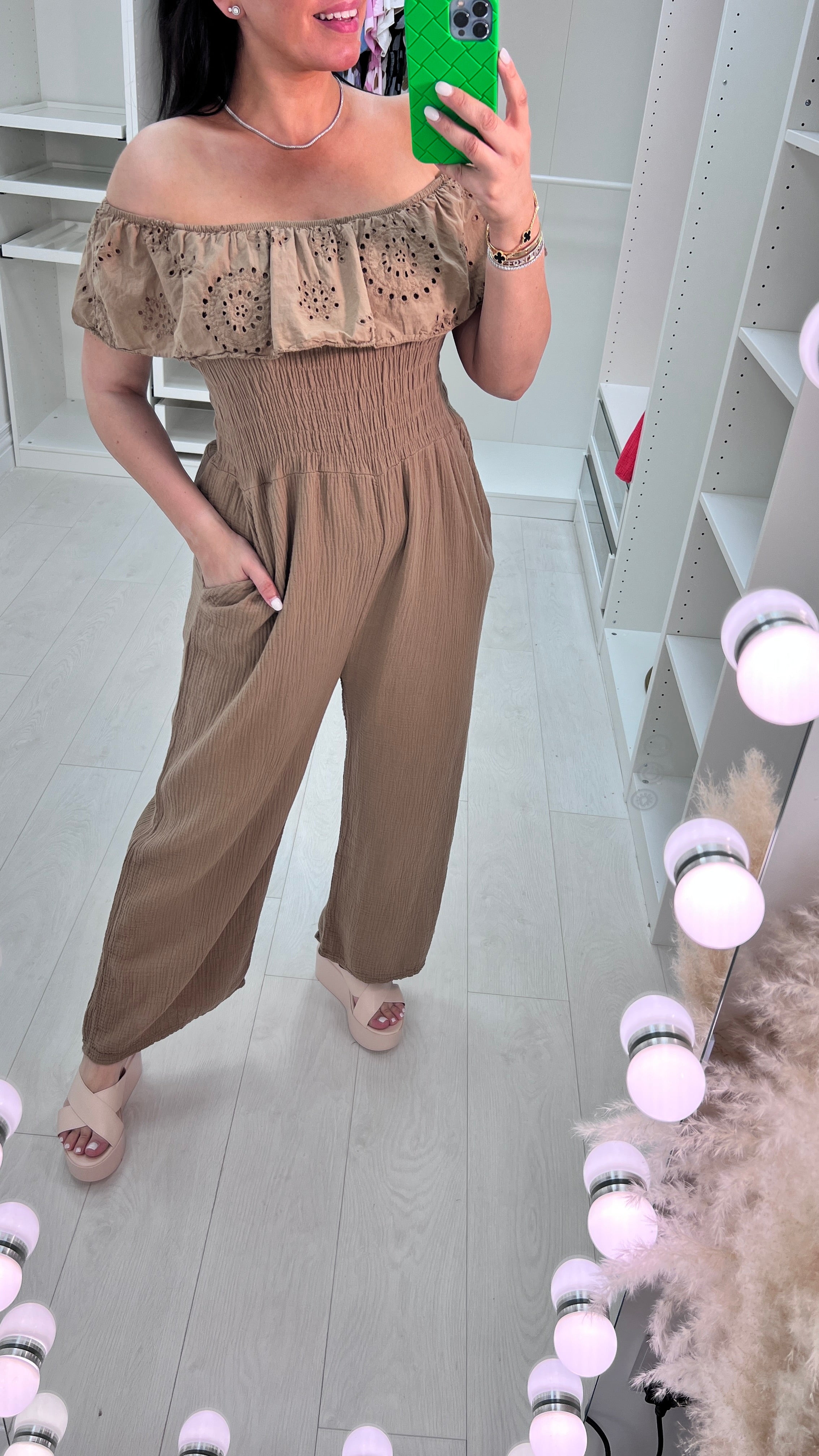 Priscilla Cheesecloth Broderie Frill Bardot Jumpsuit