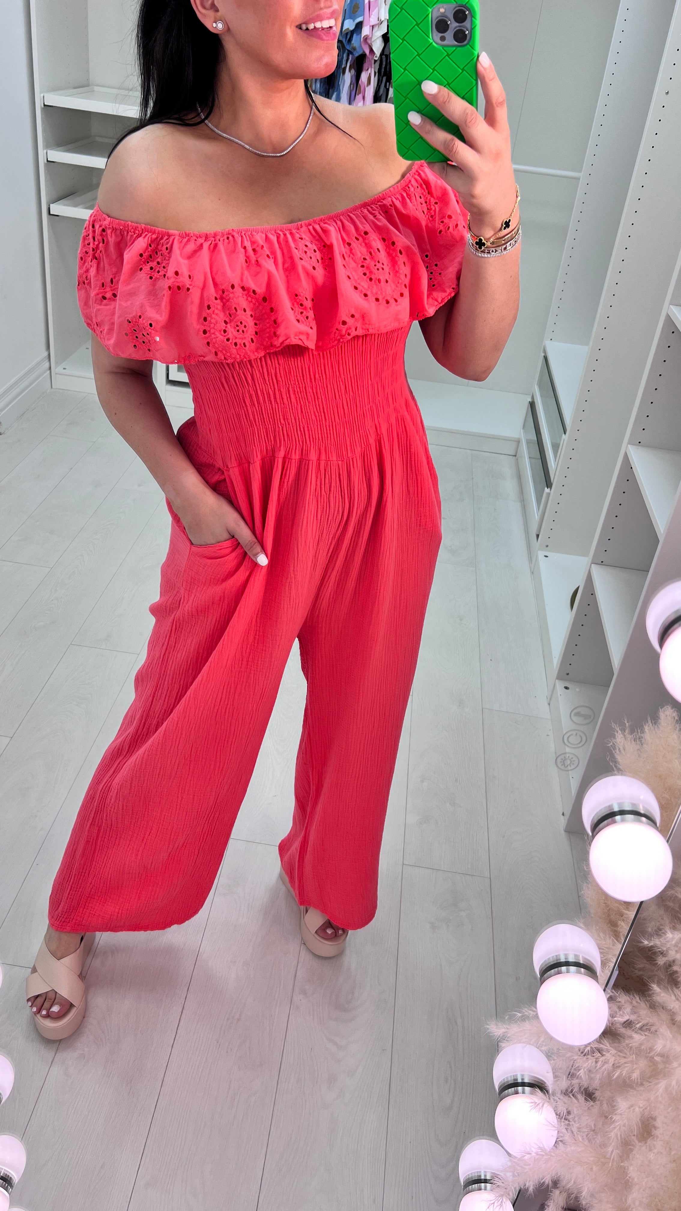 Priscilla Cheesecloth Broderie Frill Bardot Jumpsuit