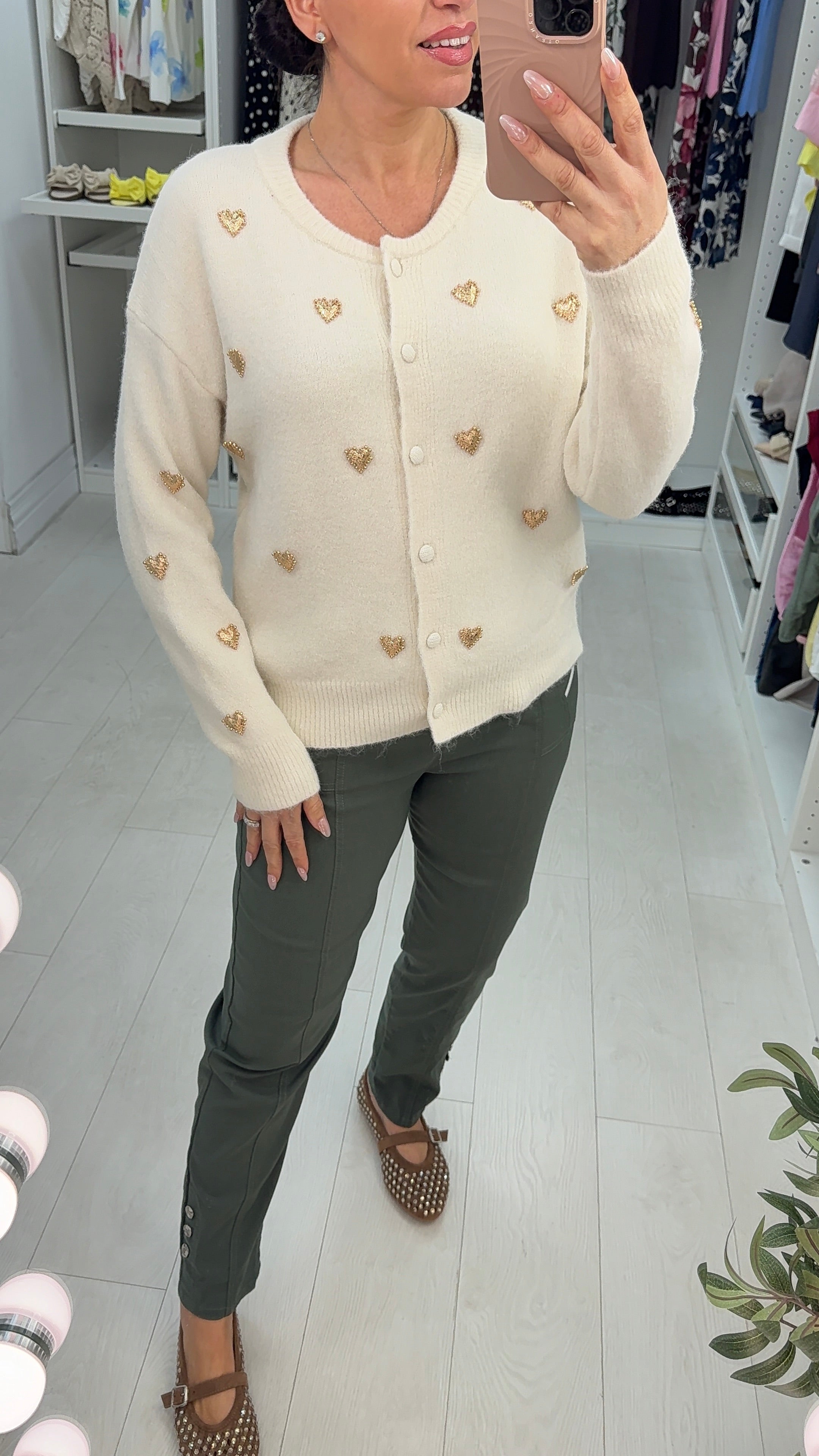 Zolana Heart Embellished Button Front Cardigan