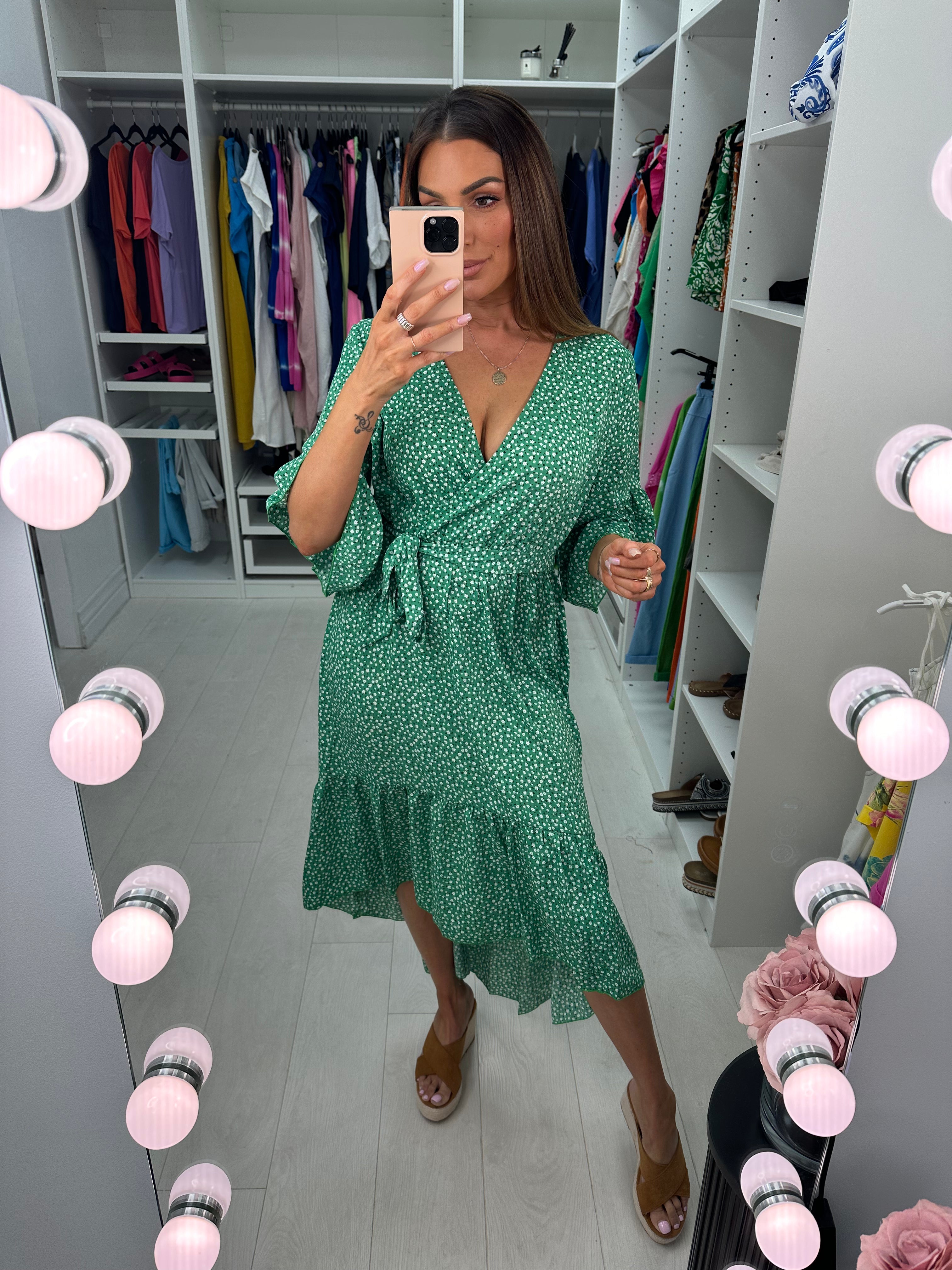 Jia Emerald Ditsy Print Ruffle Dip Hem Dress