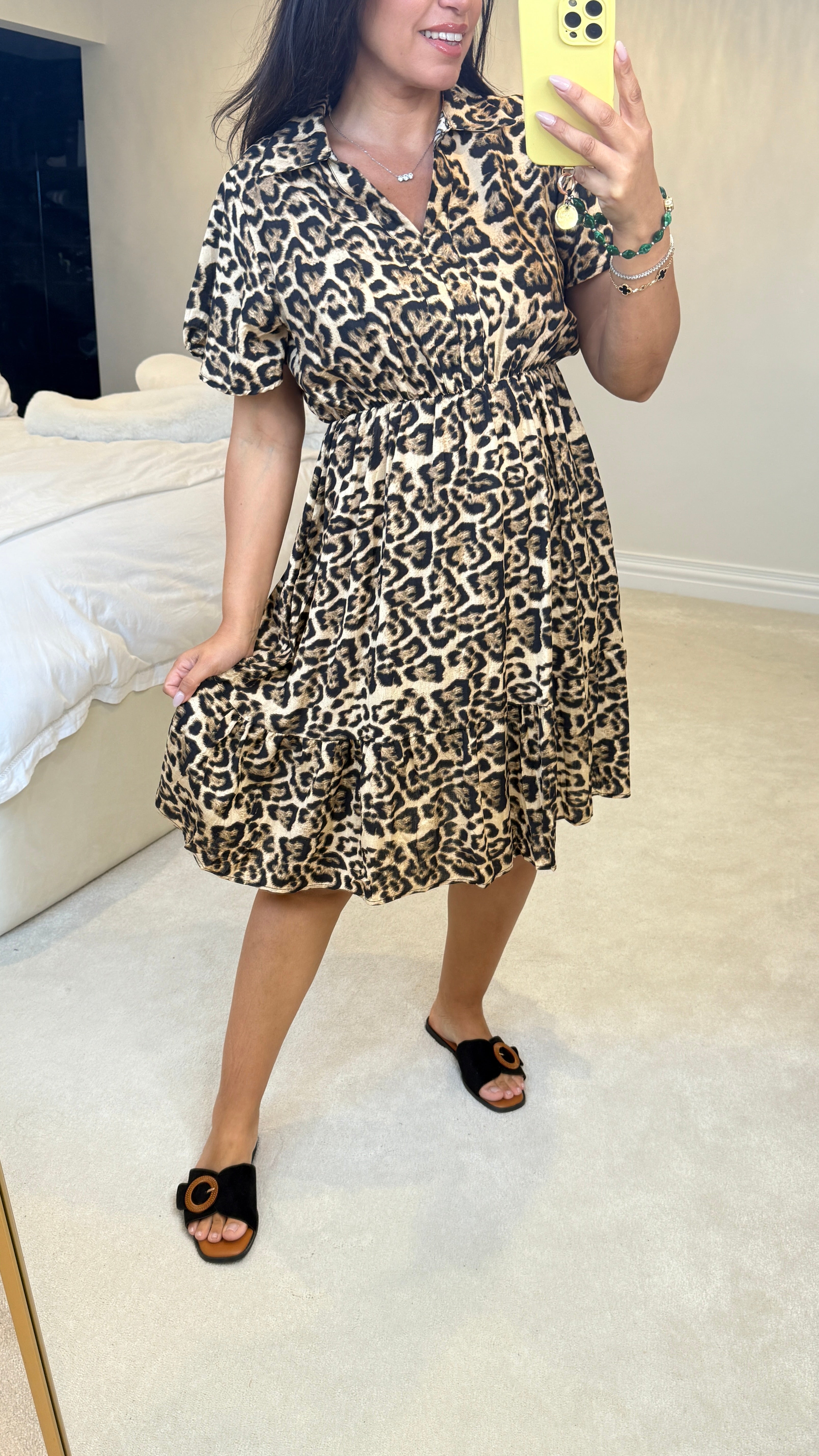 Joline Leopard Print V Neck Midi Dress