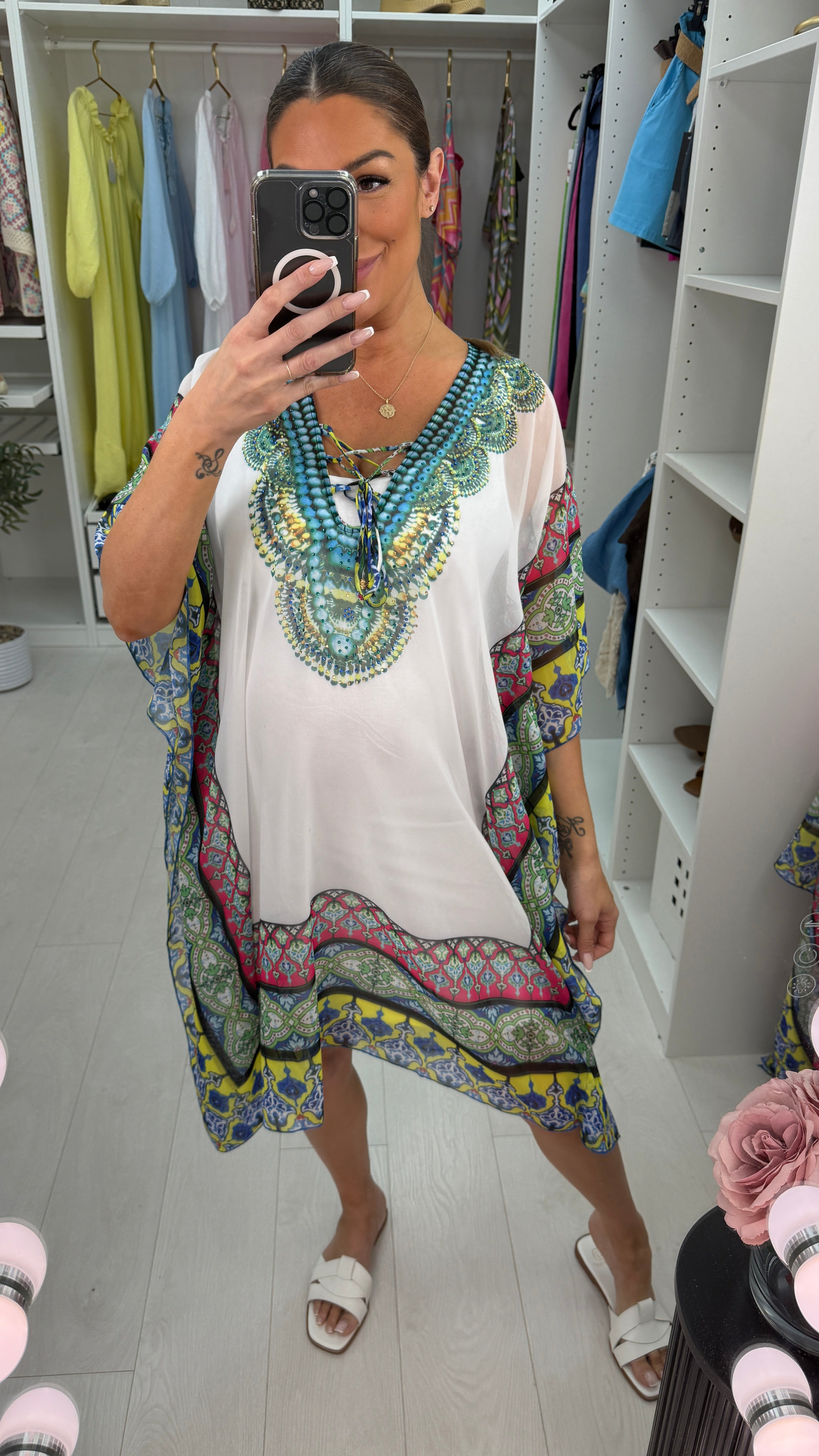 Tierra Embellished Abstract Print Lightweight Kaftan