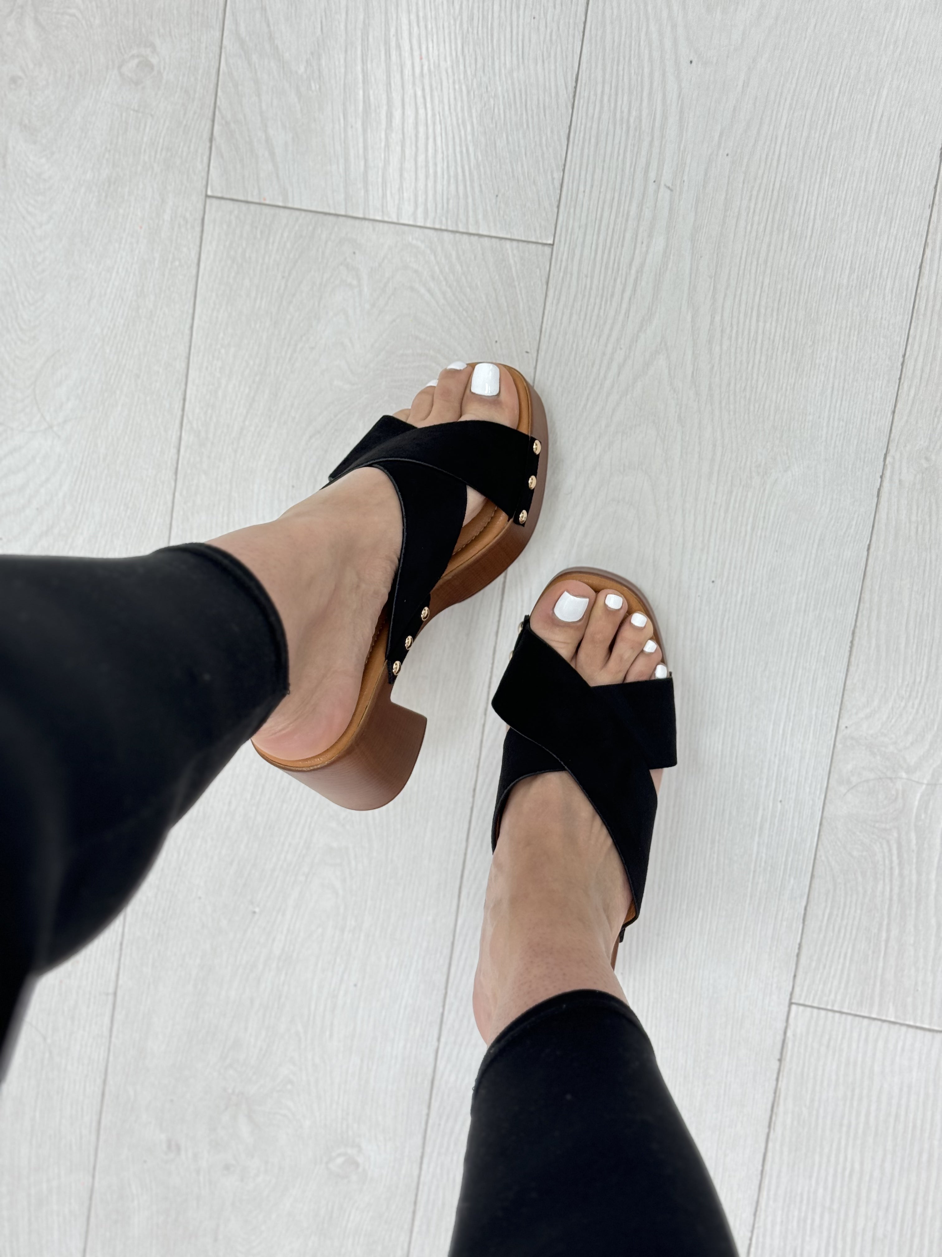 Magdalena Suede Look Wooden Heel Sandals