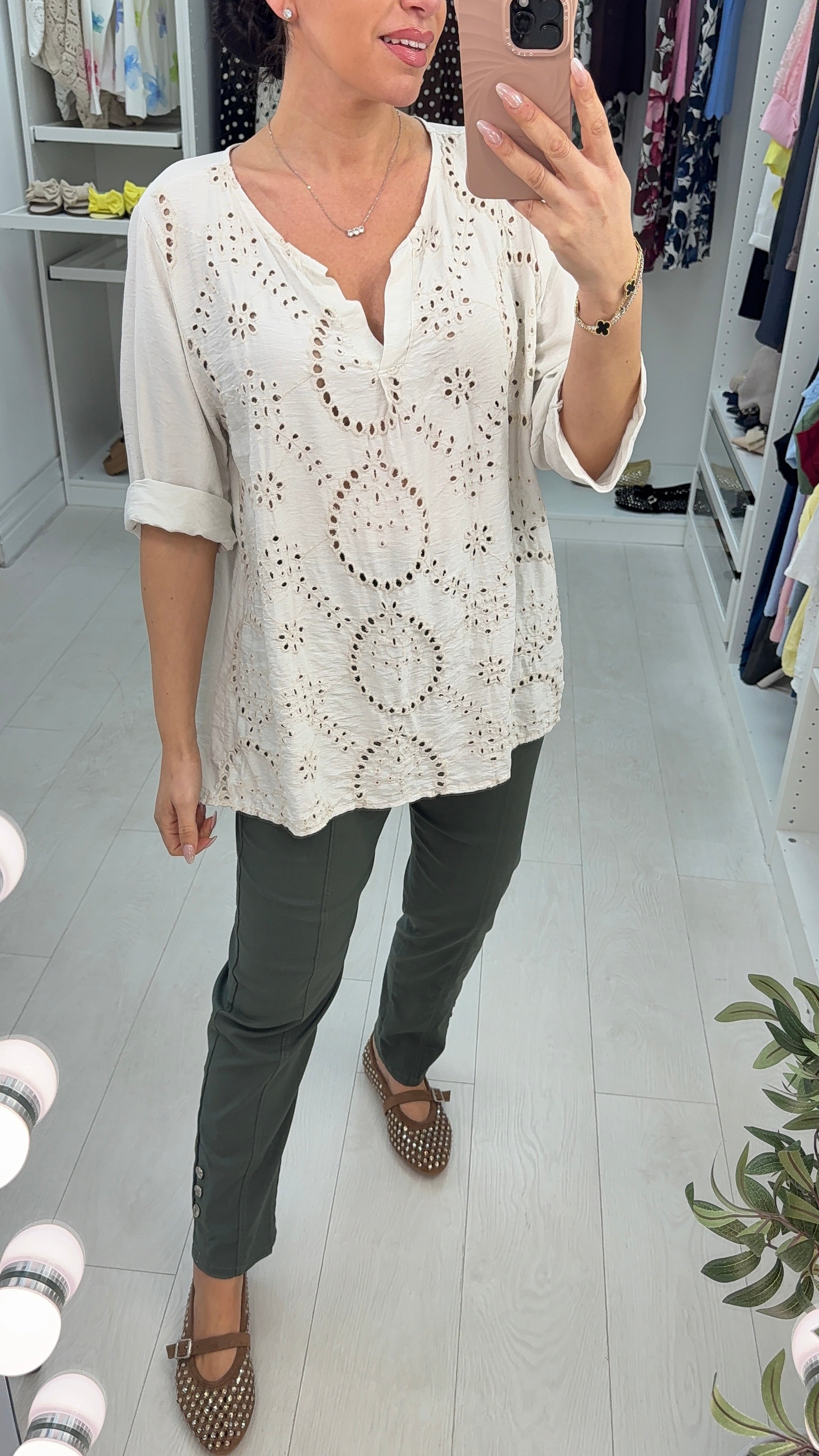 Shelly V Neck Broderie Anglaise Longline Top