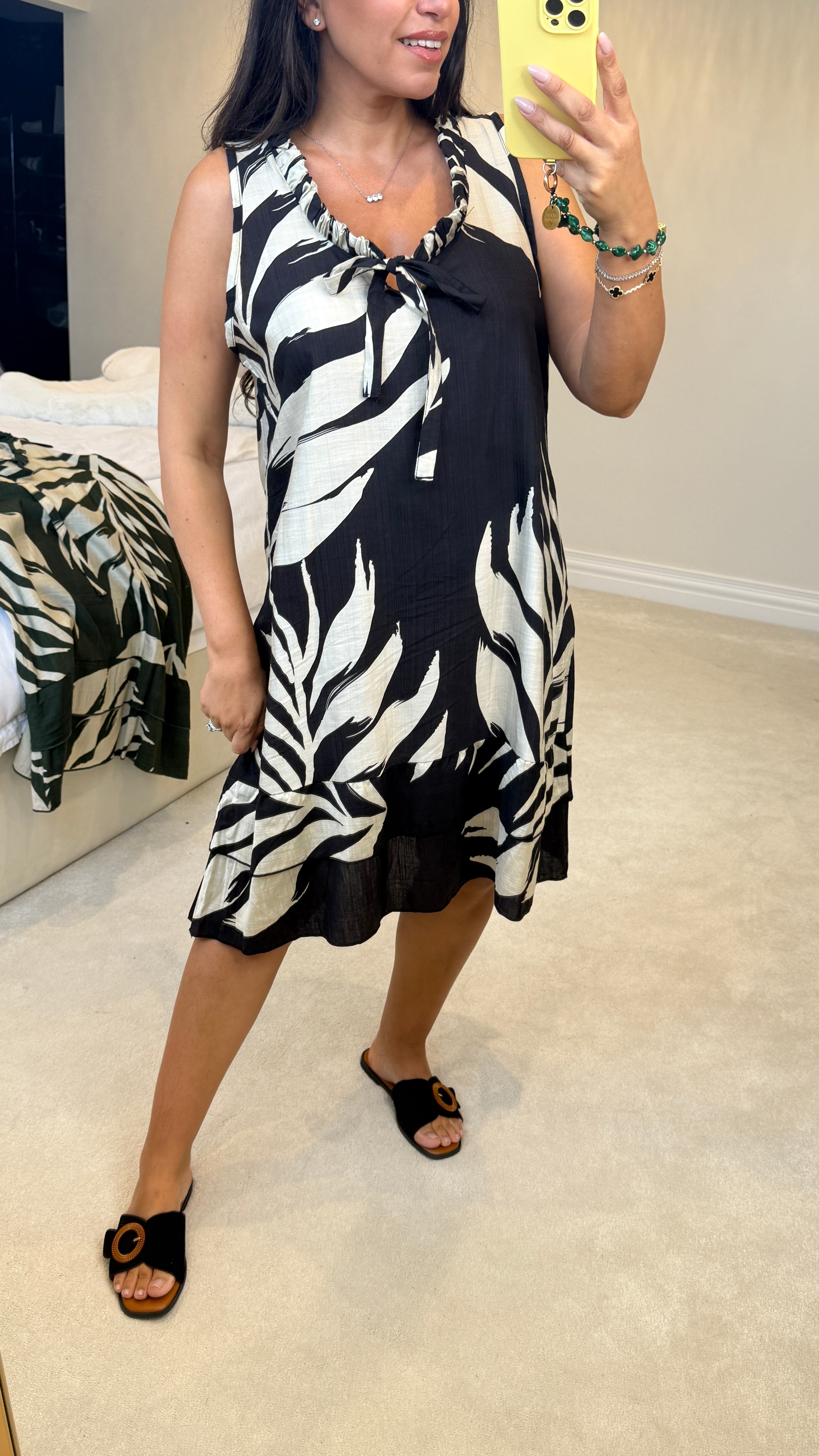 Ellerie Sleeveless Leaf Print Smock Midi Dress