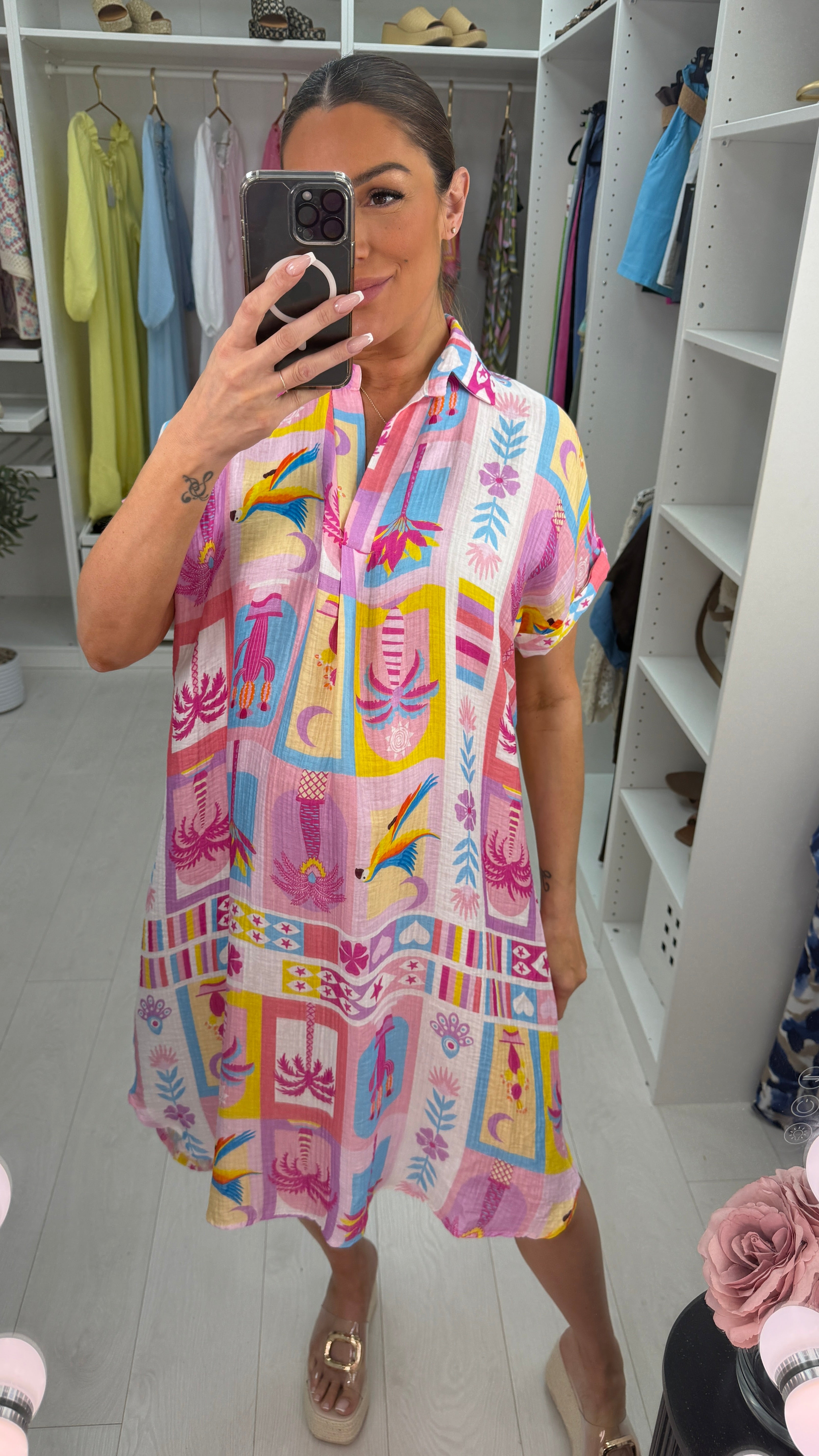 Kelly Tropical Print V Neck Cheesecloth Dress