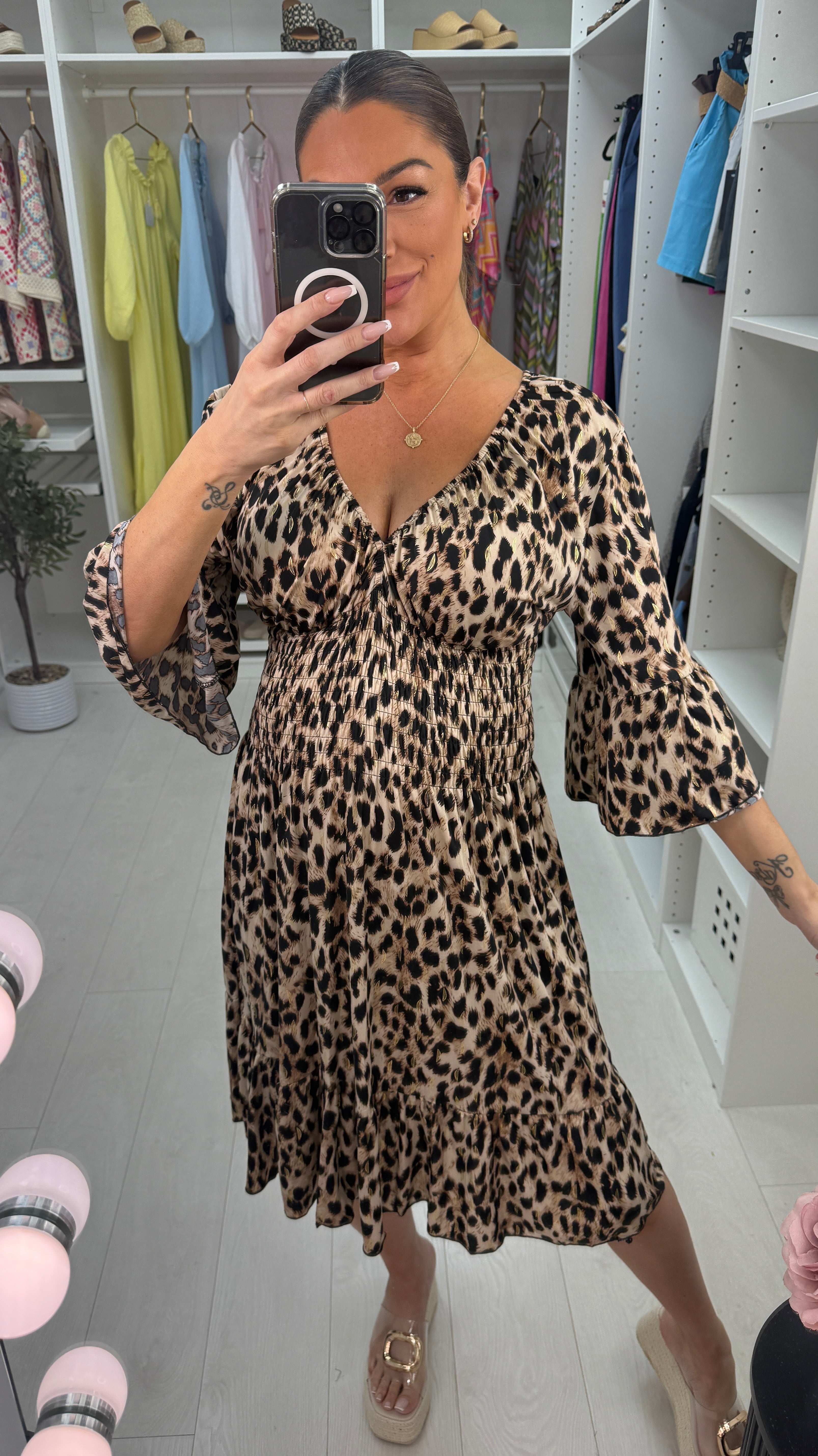Carissa Leopard Print Shirred Waist Magic Dress