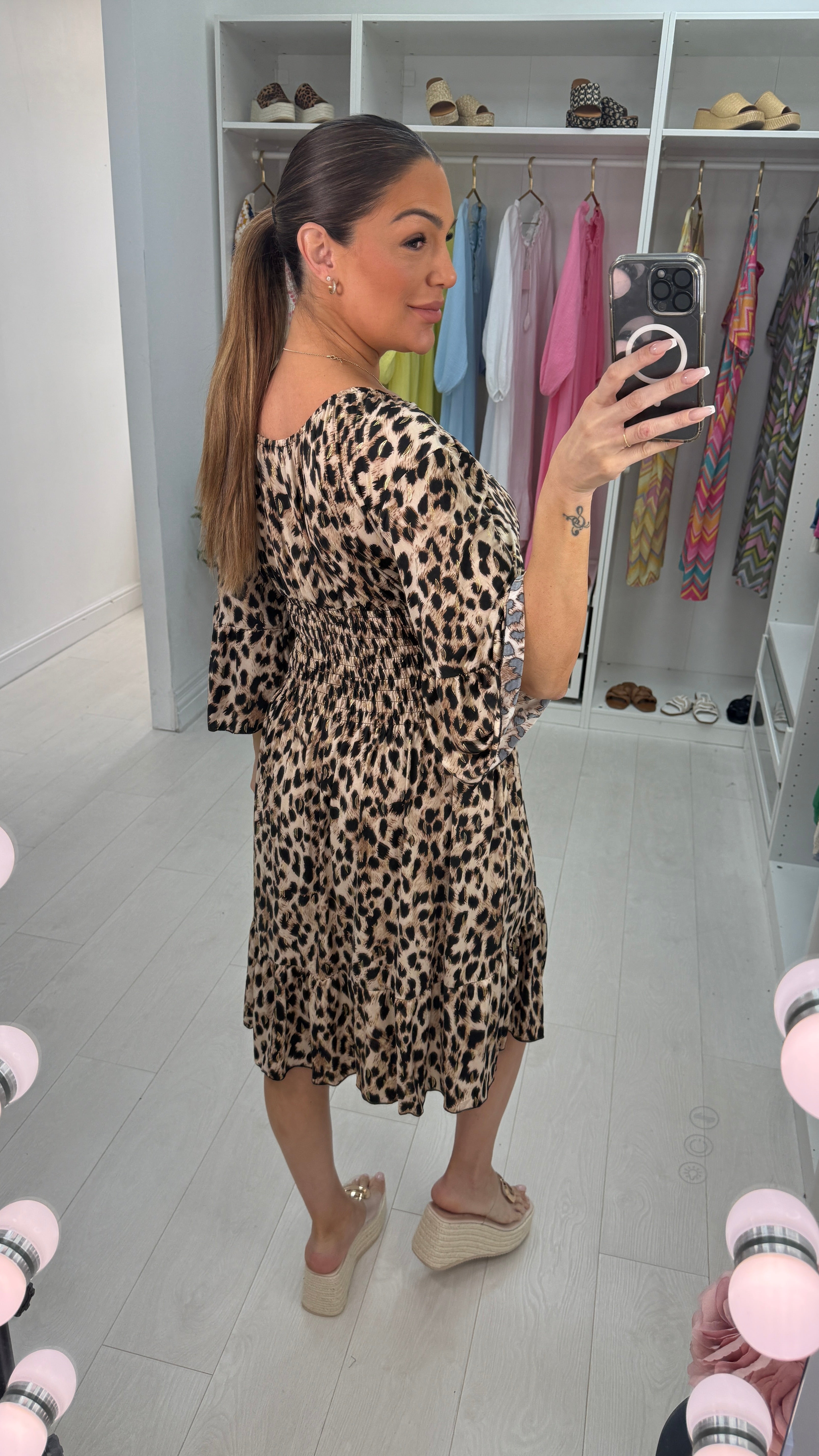 Carissa Leopard Print Shirred Waist Magic Dress